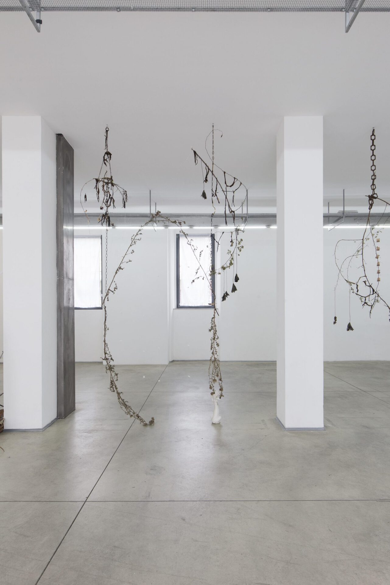 7. Pietro Agostoni, The Crucifixion of Banana-Bats, chains, ceramic, thistles, brambles, bones, hair, wax, palo santo, firecracker, dragonfly, water lily leaves and flowers, trash, variable dimensions, 2021. Photo by Gabriele Abbruzzese.