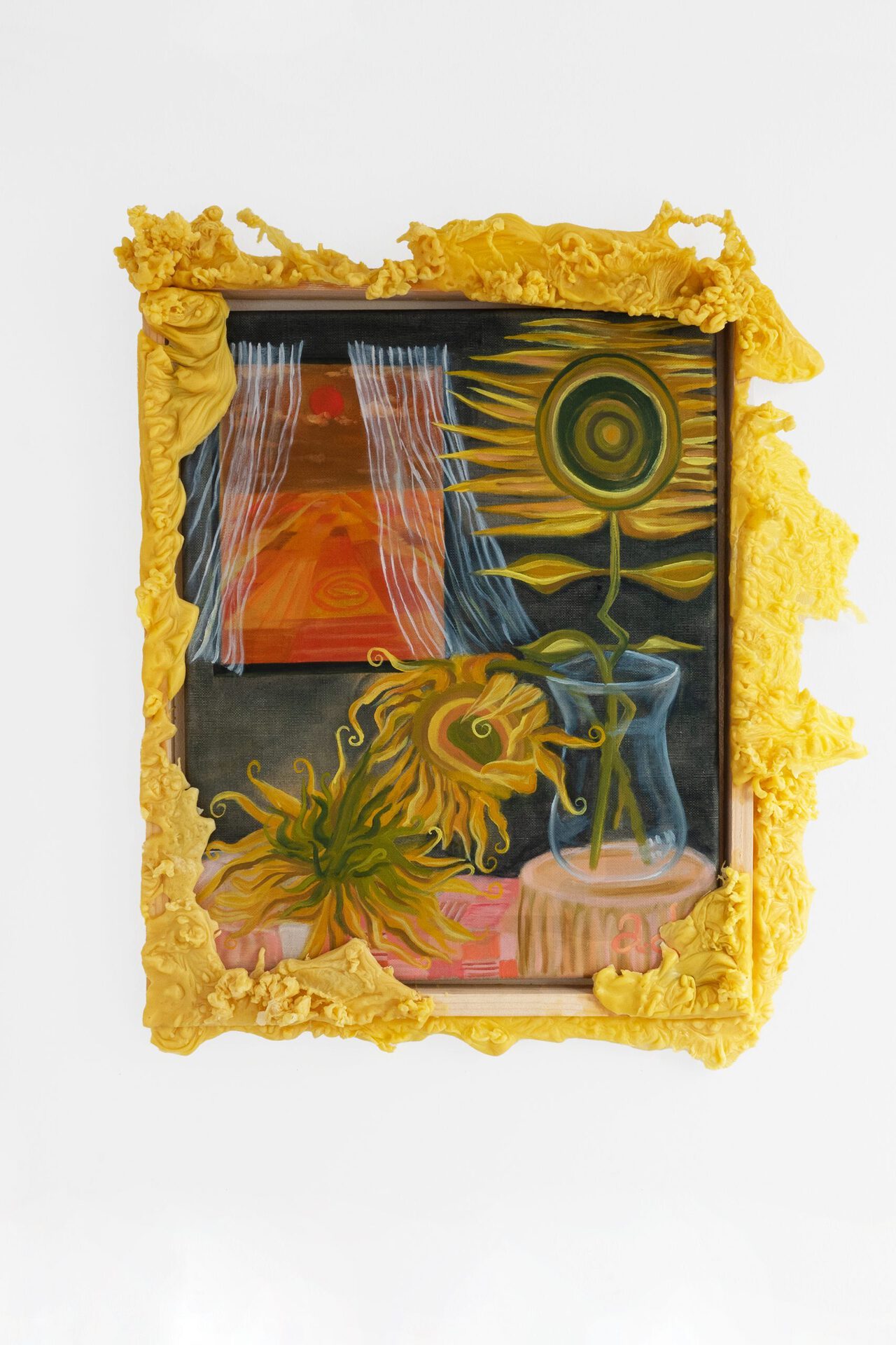 Ayla Dmyterko, A ring around the sun and the blizzard rages on, 2021, Oil on linen with poured beeswax frame, 40 x 50 cm