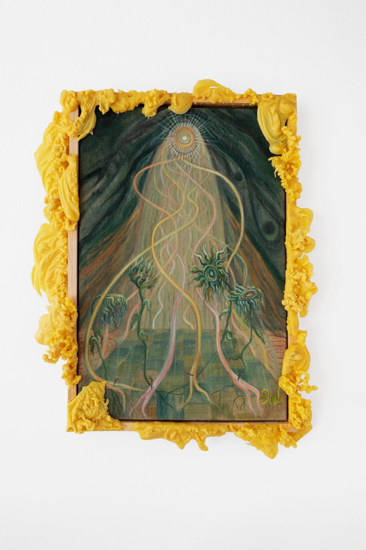 Ayla Dmyterko, Can't catch lost time or the thinning earth, 2021, Oil on linen with poured beeswax frame, 40 x 60 cm