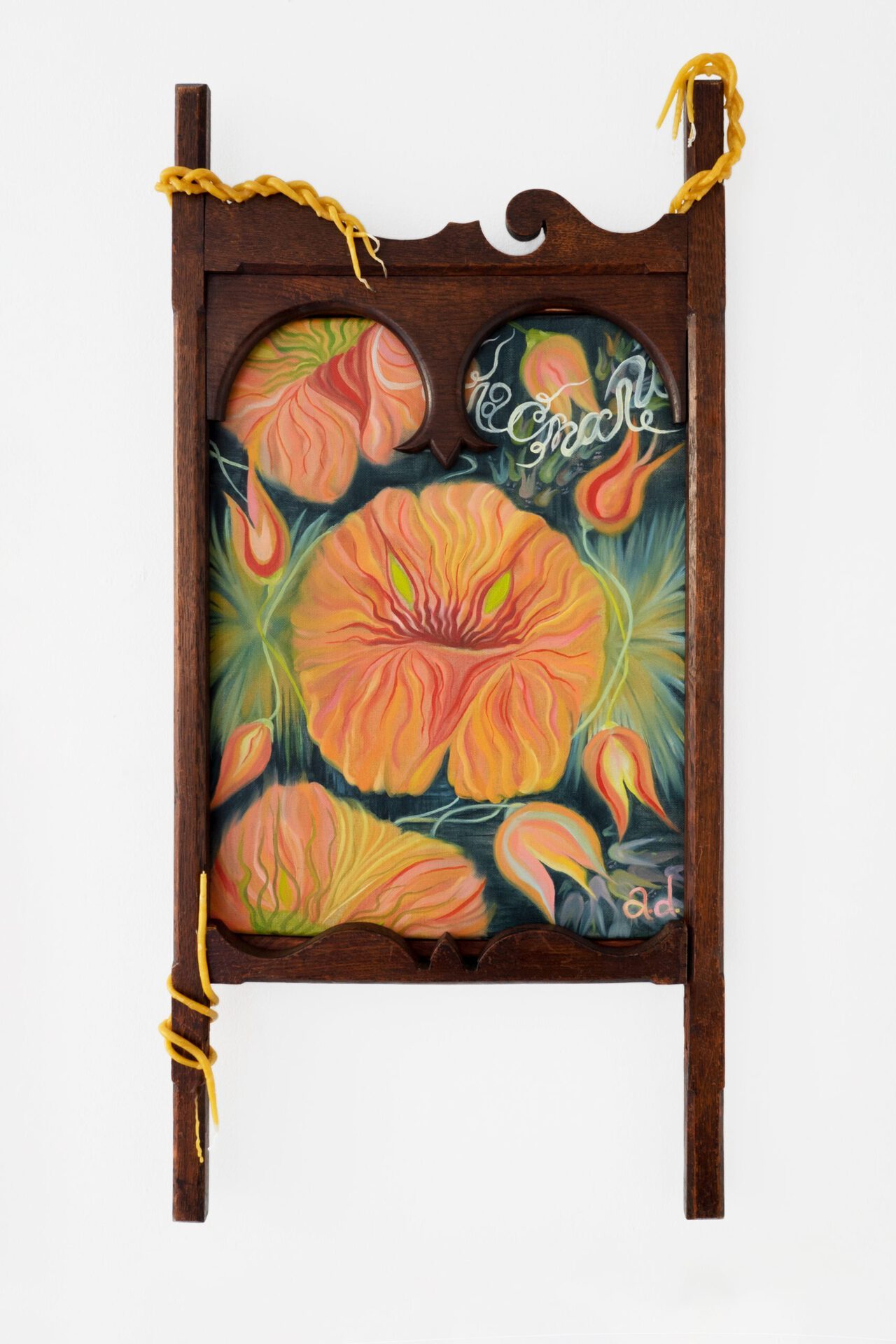 Ayla Dmyterko, Like sour oranges for breakfast, 2021, Oil on linen with found wooden frame and beeswax candles, 40 x 50 cm