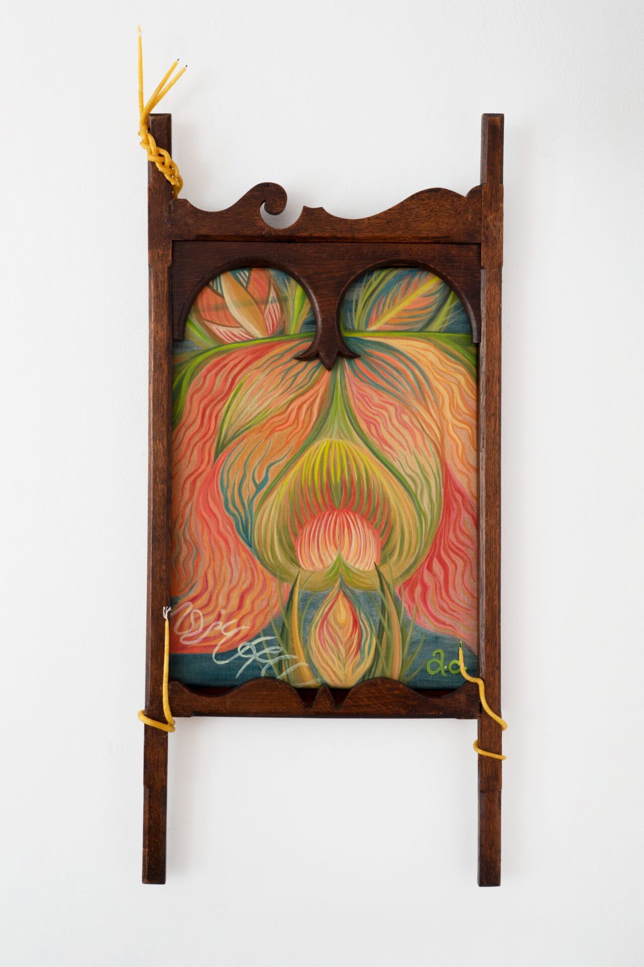 Ayla Dmyterko, Patterns under the plough, 2021, Oil on linen with found wooden frame and beeswax candles, 40 x 50 cm