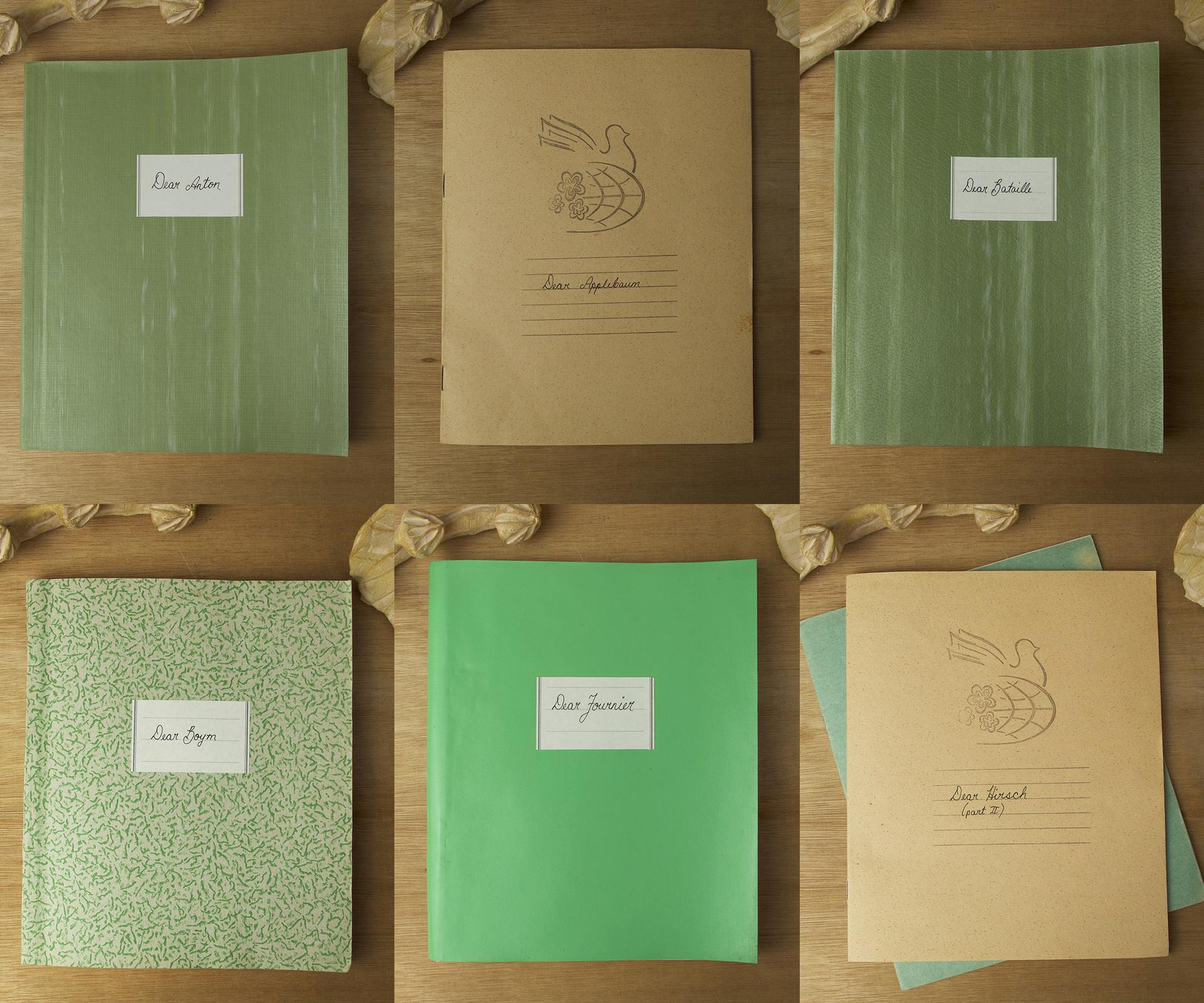 Ayla Dmyterko, Dear Applebaum, Bataille, Boym, Fournier, Hirsch & Vidokle, 2020-21, Handwritten epistolary into soviet school books, Each 14 x 21 cm