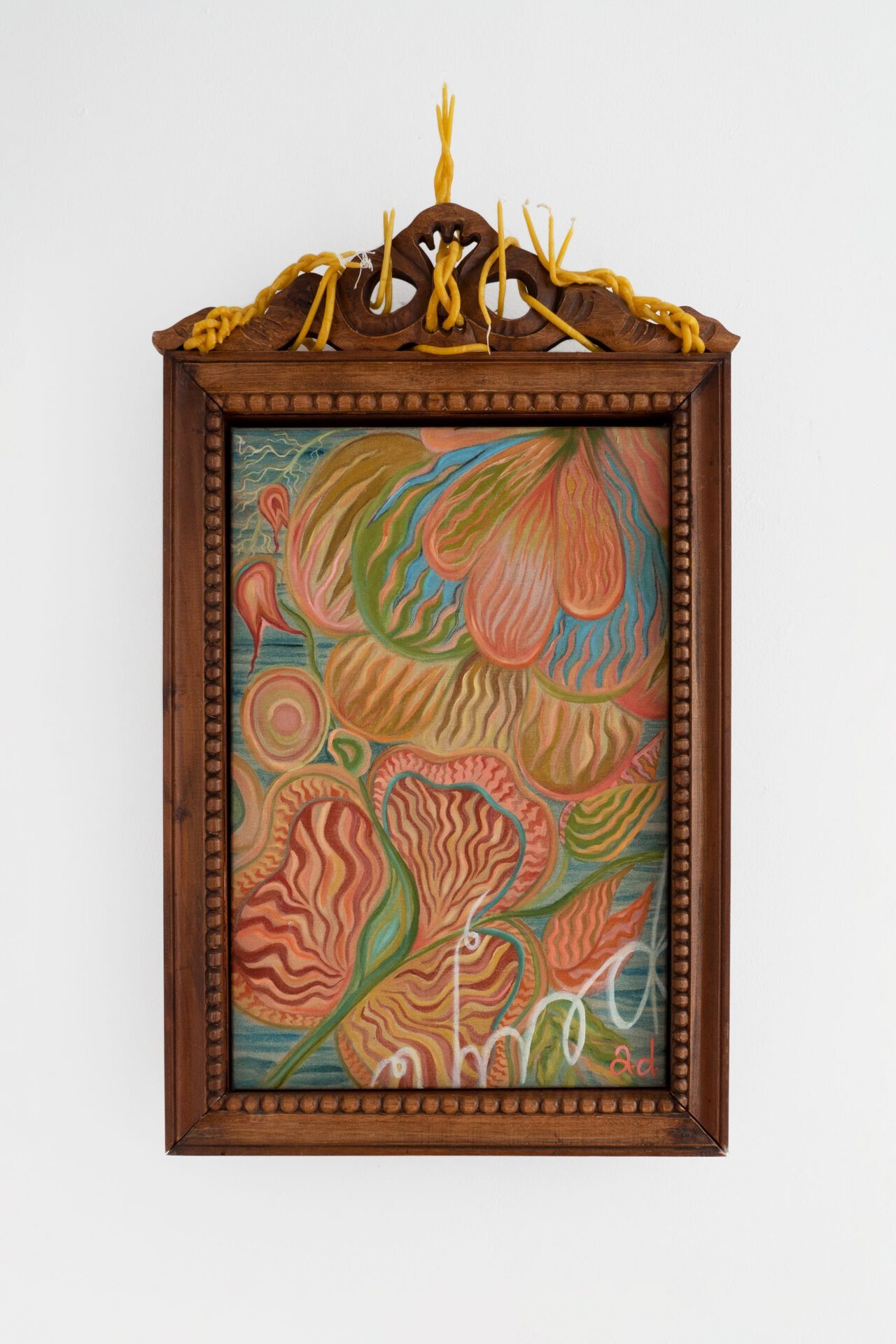 Ayla Dmyterko, The land gives everything and takes away everything, 2021, Oil on linen with found wooden frame and beeswax candles, 50 x 70 cm