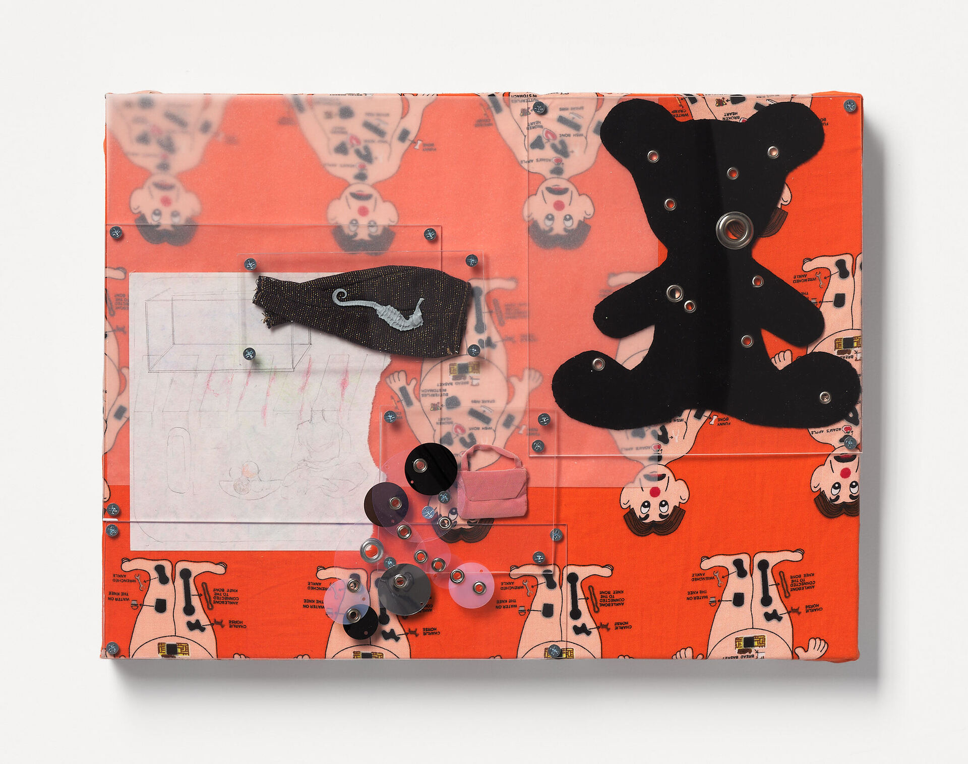 Spencer Lai Untitled, 2021 Wood panel, Operation pajamas, Perspex, velvet, sequins, rivets, handmade doll's purse, Barbie pants, seahorse skeleton, pencil on origami paper, 40 X 30 cm