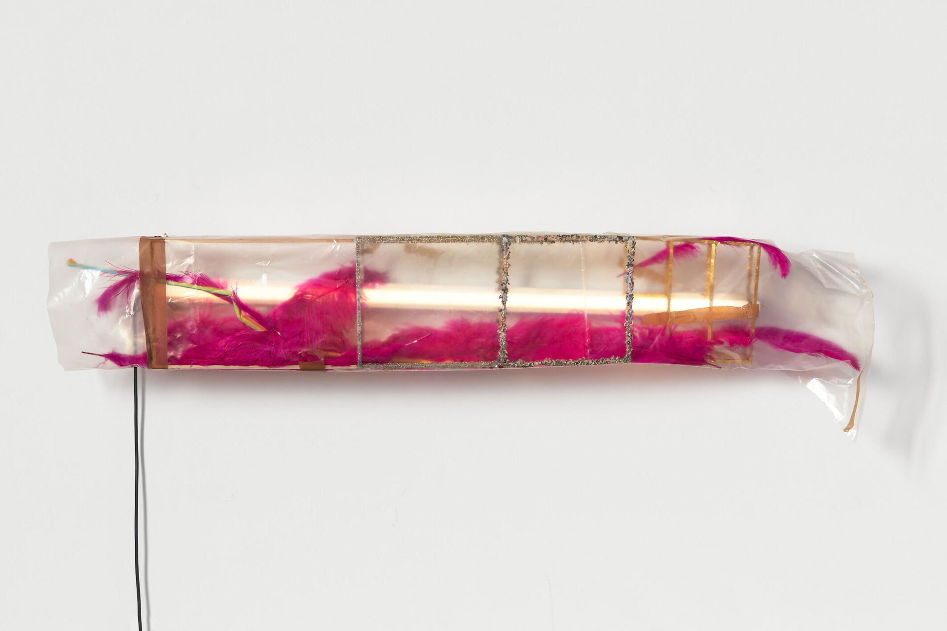 Spencer Lai untitled, 2021 Found light fixture, balsa wood, plastic sheeting, beads, newspaper, staples, glue, gold leaf, dyed ostrich feathers