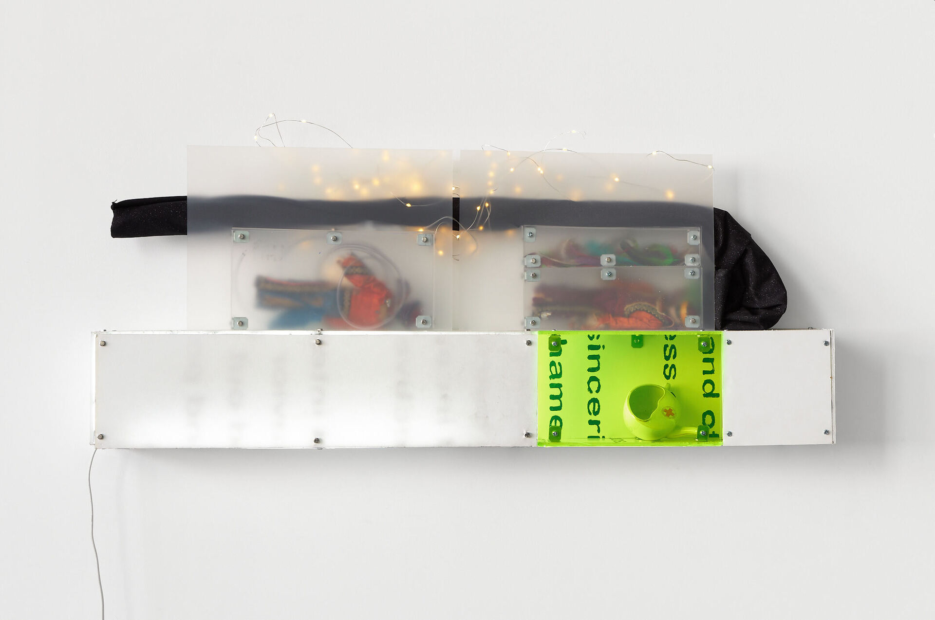 foreign object, 2021 Foam core components from Moral Inventory (2020), Perspex, polypropylene, steel joiners, antique Chinese puppets, feathers, beads, PVC tubing, fabric, fairy lights, LED light component, antique Red Cross invalid feeding cup