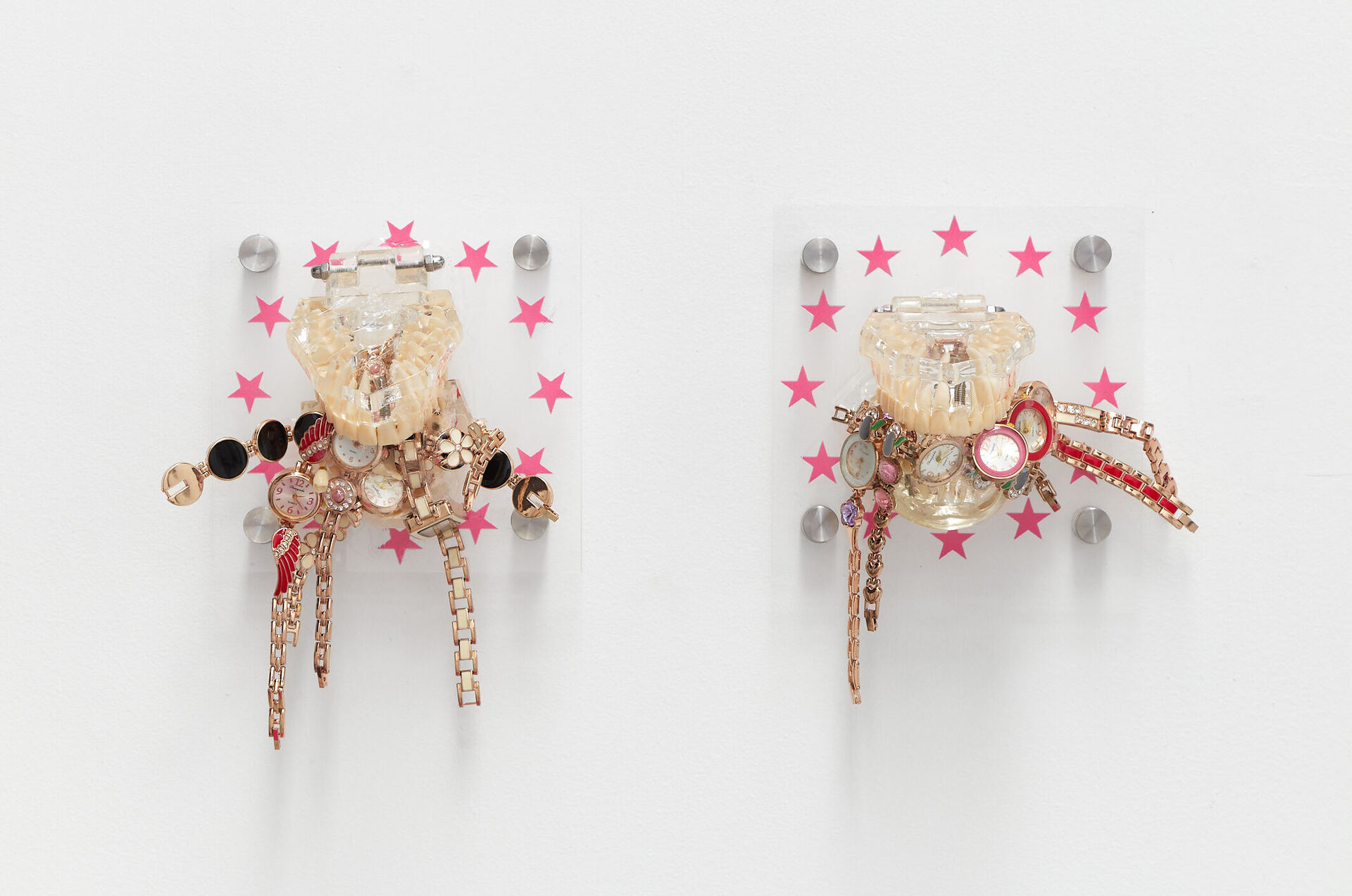 Victoria Todorov Untitled (Dental Plate #4), 2020-21 Acrylic, fixtures, watches, teeth model, adhesive 15 X 15 cm, Victoria Todorov Untitled (Dental Plate #5), 2020-21 Acrylic, fixtures, watches, teeth model, adhesive 15 X 15 cm