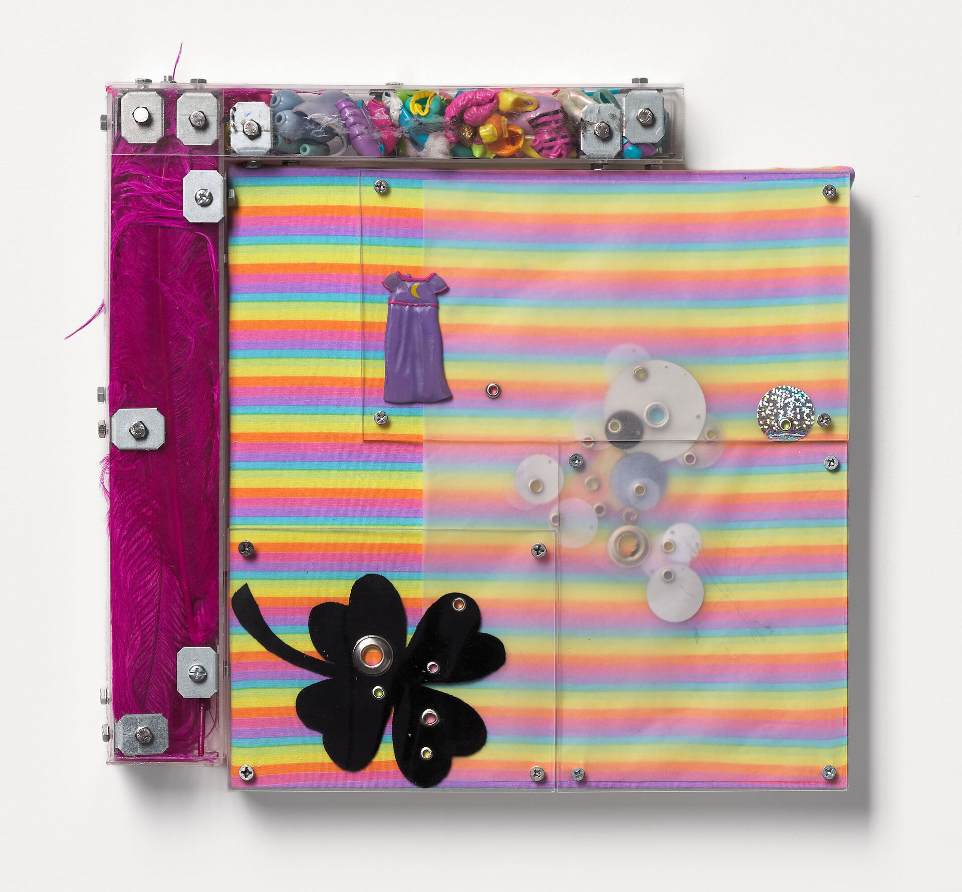 Spencer Lai Untitled, 2021 Wood panel, vintage fabric, Perspex, clothing for Polly Pocket, ostrich feathers, velvet, rivets, sequins, 37 X 35 cm