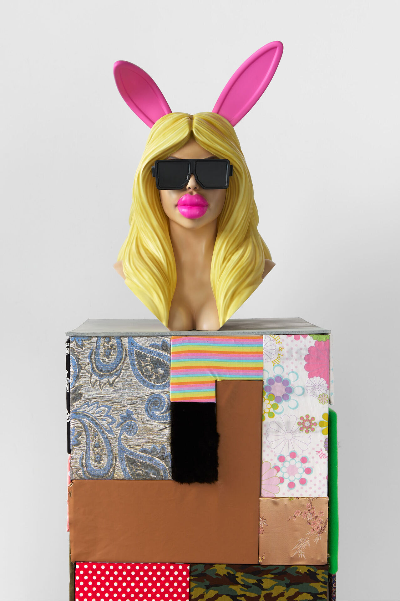Victoria Todorov Bunny Brat Model Bust 001., manufactured in Shenzhen city, Guangdong Province, 2020 Environmental friendly photosensitive resin, resin paint, Spencer Lai Untitled (plinth), 2021 Foam core, timber, mixed media 47 x 47 x 122 cm