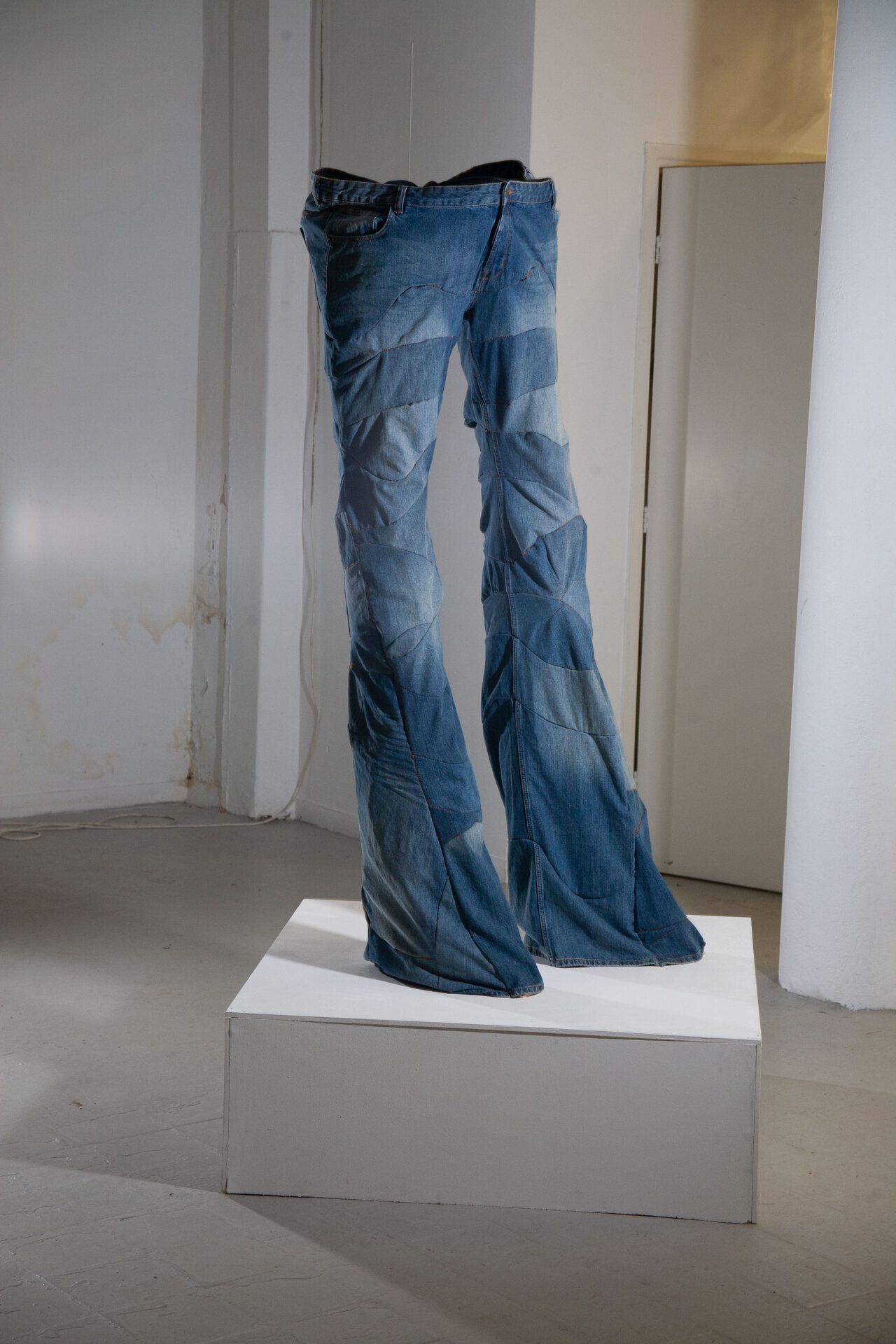 Karin Kytokangas, I really like denim, 2021, dimension needs to be measured, patched denim fabric on wood and stealwire