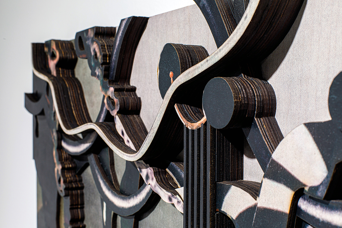 fragment. 2nd performance «thread of sight», 2021, acrylic, UV print, multilayer plywood relief, 60x80 cm