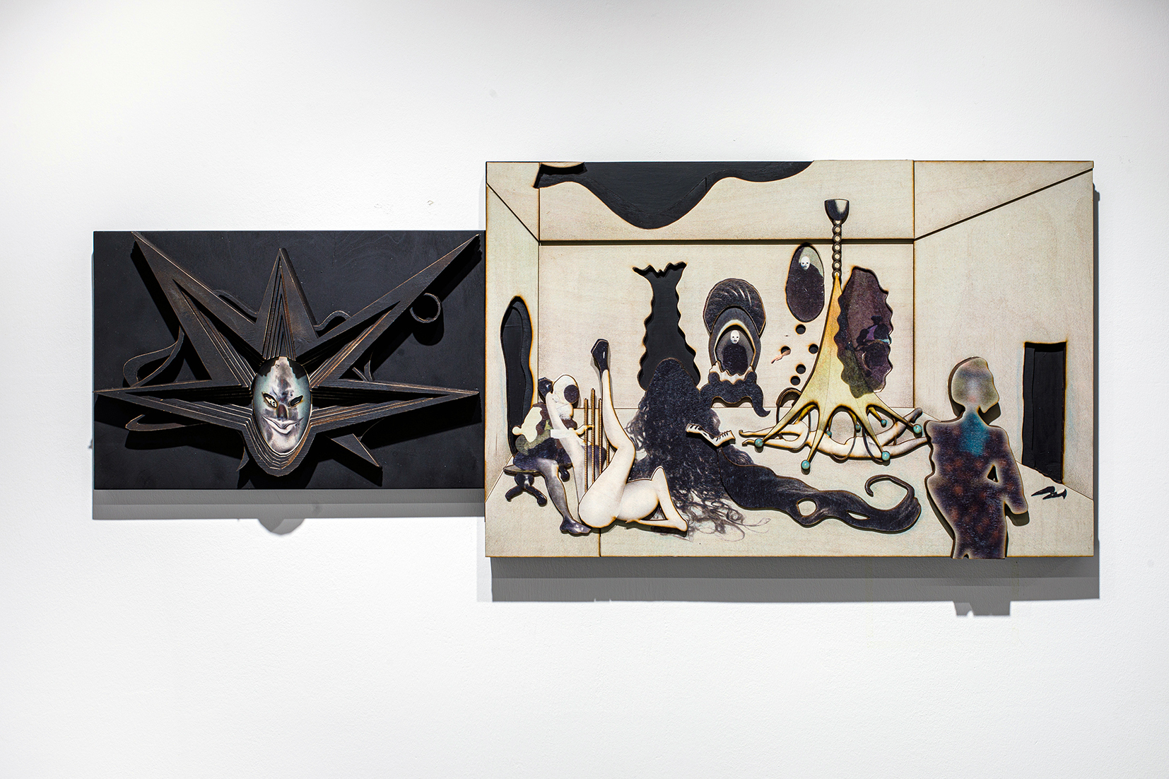 left: 12th performance «surveillance witness», 2021, acrylic, UV print, multilayer plywood relief, 33x50 cm right: 11th performance «upset piano», 2021, acrylic, UV print, multilayer plywood relief, 50x77 cm