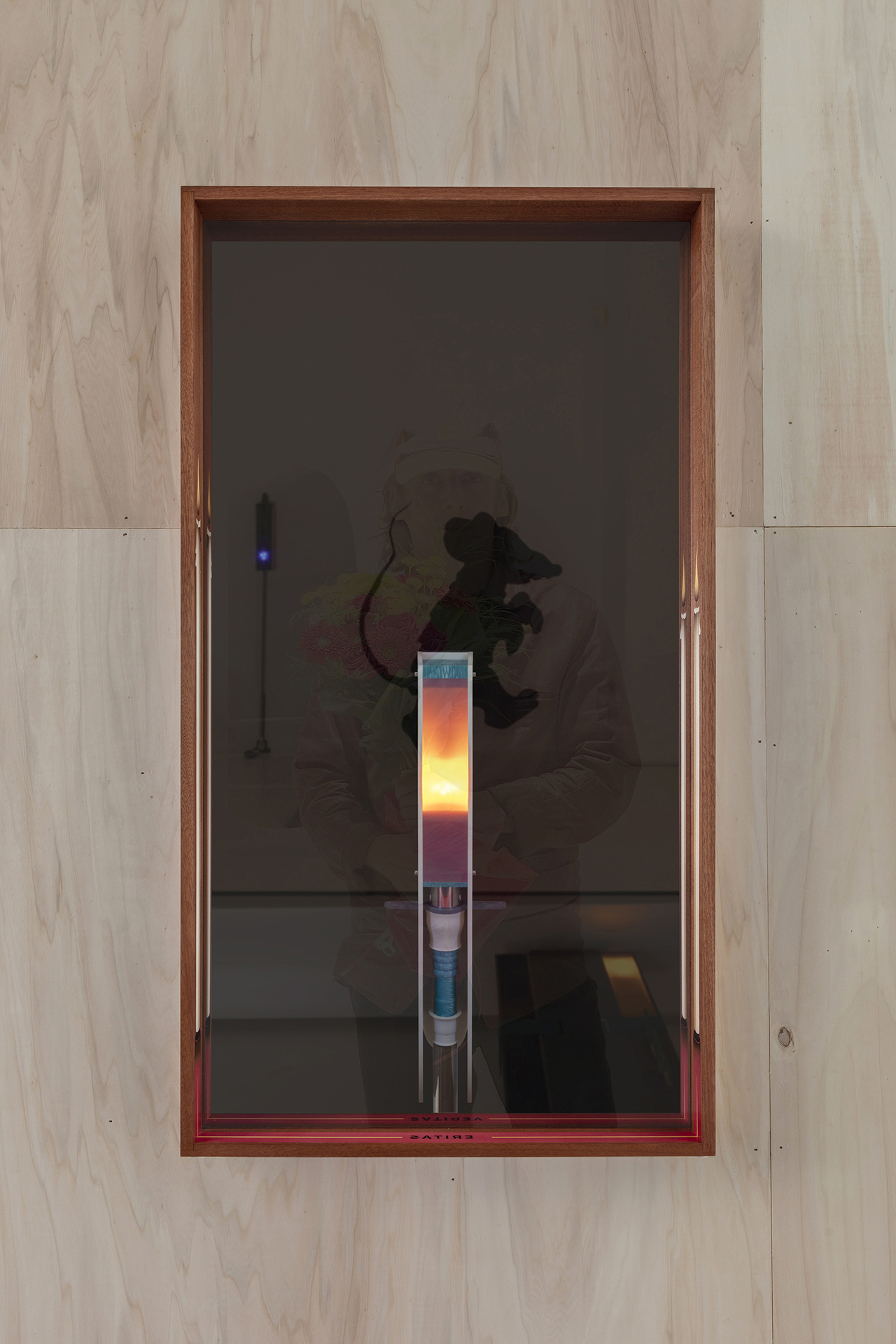 Camille Blatrix, Two candles (Veritas), 2021.Sapelli, wooden marquetry, resin, plexiglass, 110 x 60 cm. Camille Blatrix, Stork, 2020. Electronic component, plastic, plexiglass, resin, rubber, stainless steel, 129.5 x 15 x 12 cm.