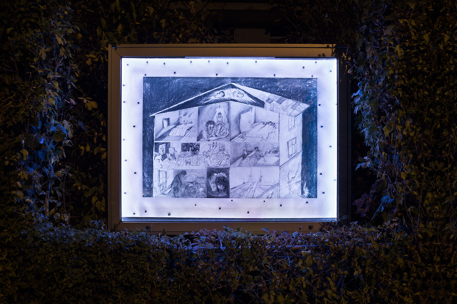 Francesco De Bernardi & Leonardo Pellicanò,"Every room contains a different possibility of us. Every narrative we construct will lead us to a false conclusion",2021,Graphite on paper- acrylic painting on fabric- magnets,120×90