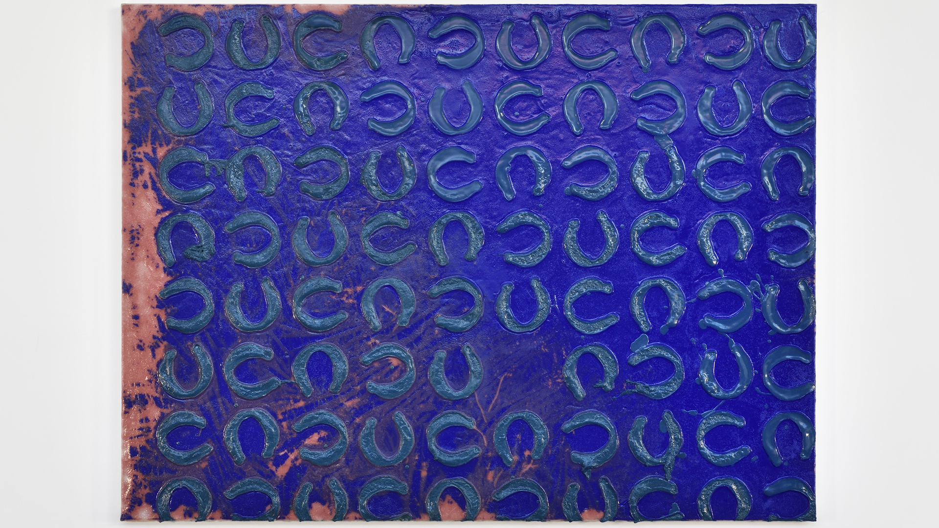 Matthieu Hemmer, Monogramme U lucky, 2021, Acid, cobalt pigment and acrylic medium on canvas, 162 x 120 x 4 cm