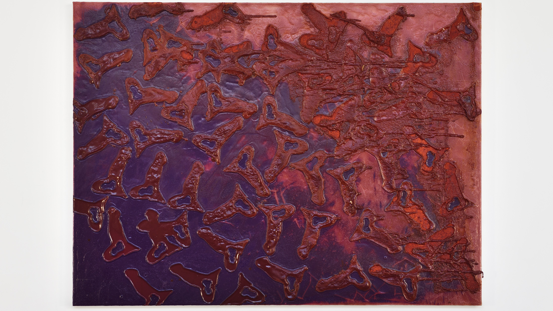 Matthieu Hemmer, Monogramme P cocks, 2021, Acid, cobalt pigment and acrylic medium on canvas, 162 x 120 x 4 cm