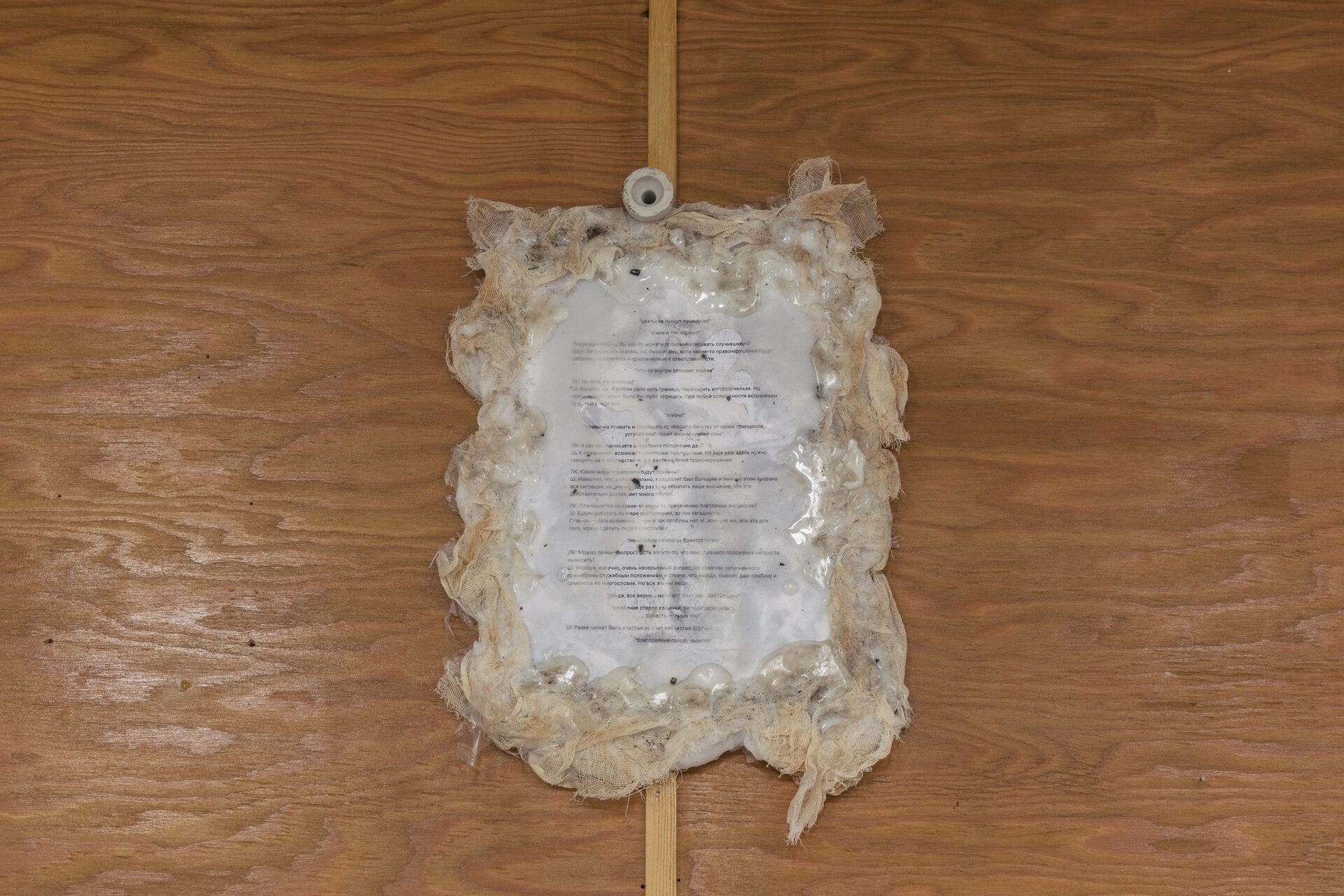 Interview. 2021, hypoallergenic silicone, A4 poetic text, cheesecloth, construction adhesive, rust, metal, ground, dust 31х41х2.5 cm