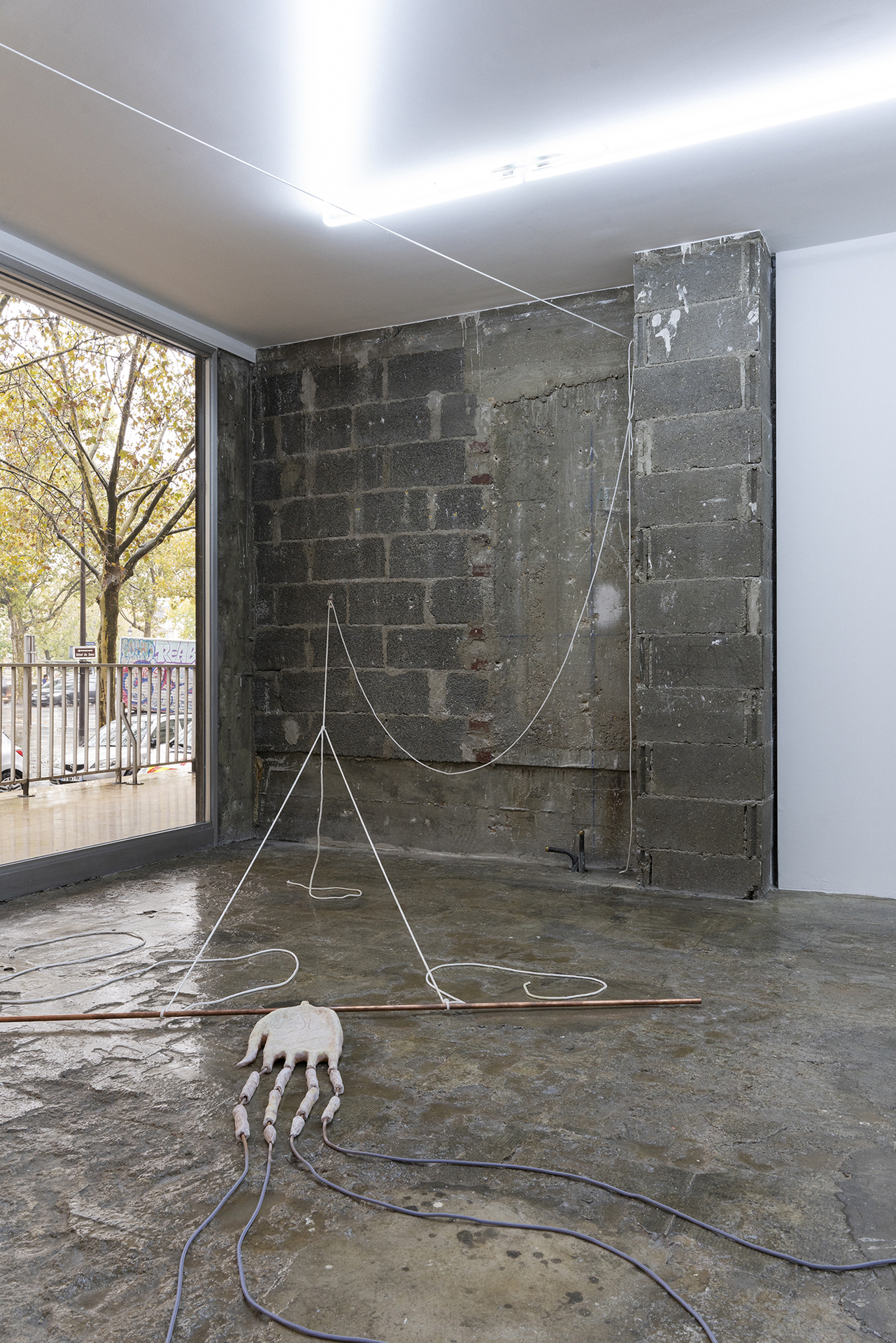 Edouard Nardon, Alpha Scorpii
, 2021, Painted terracotta, copper tube, ropes, peep hole, soap, water, ziplock, printed paper, metal container, linen oil, acetone, memory foam, metal tool, Variable dimensions