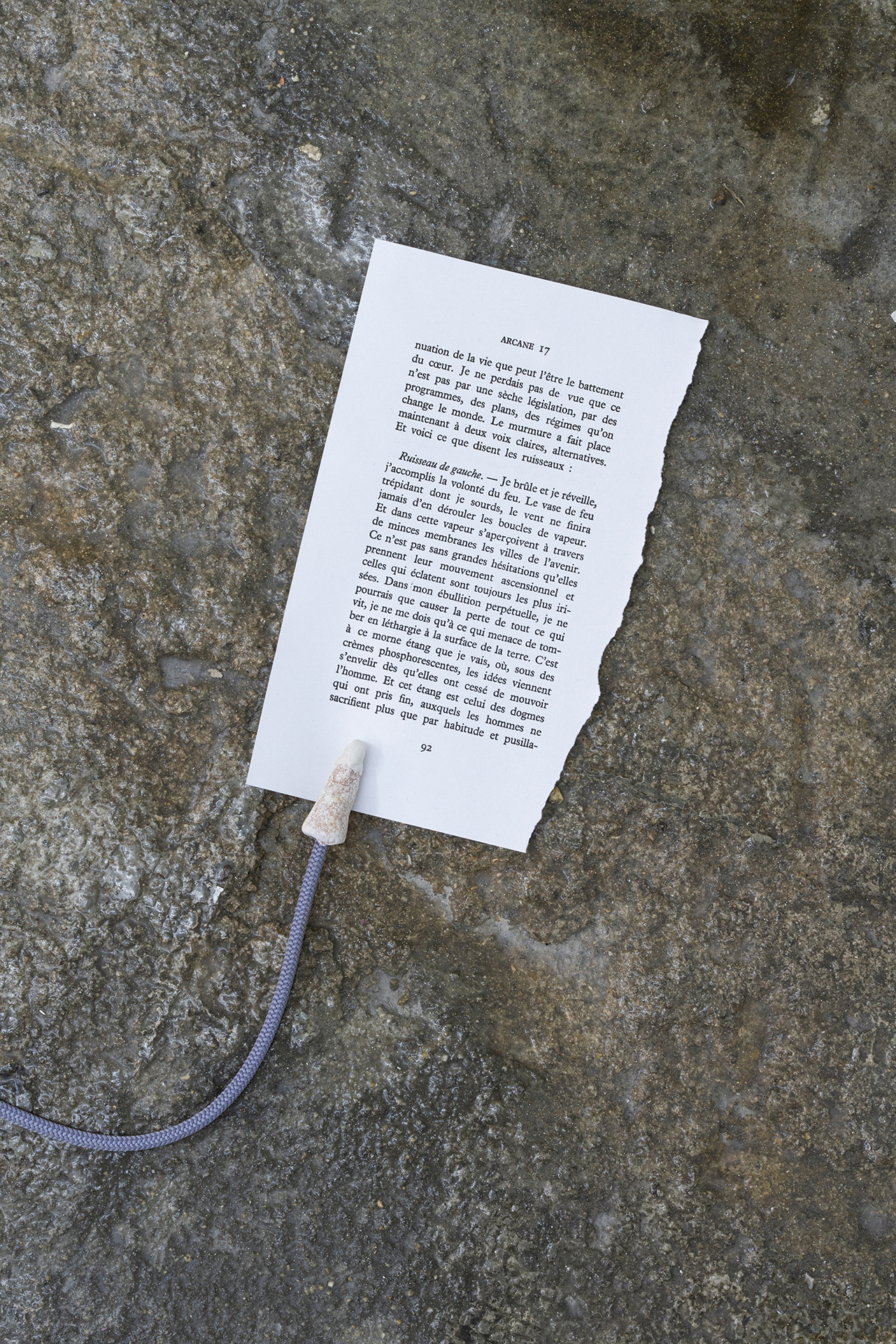 Edouard Nardon, Alpha Scorpii (detail)
, 2021, Painted terracotta, copper tube, ropes, peep hole, soap, water, ziplock, printed paper, metal container, linen oil, acetone, memory foam, metal tool, Variable dimensions