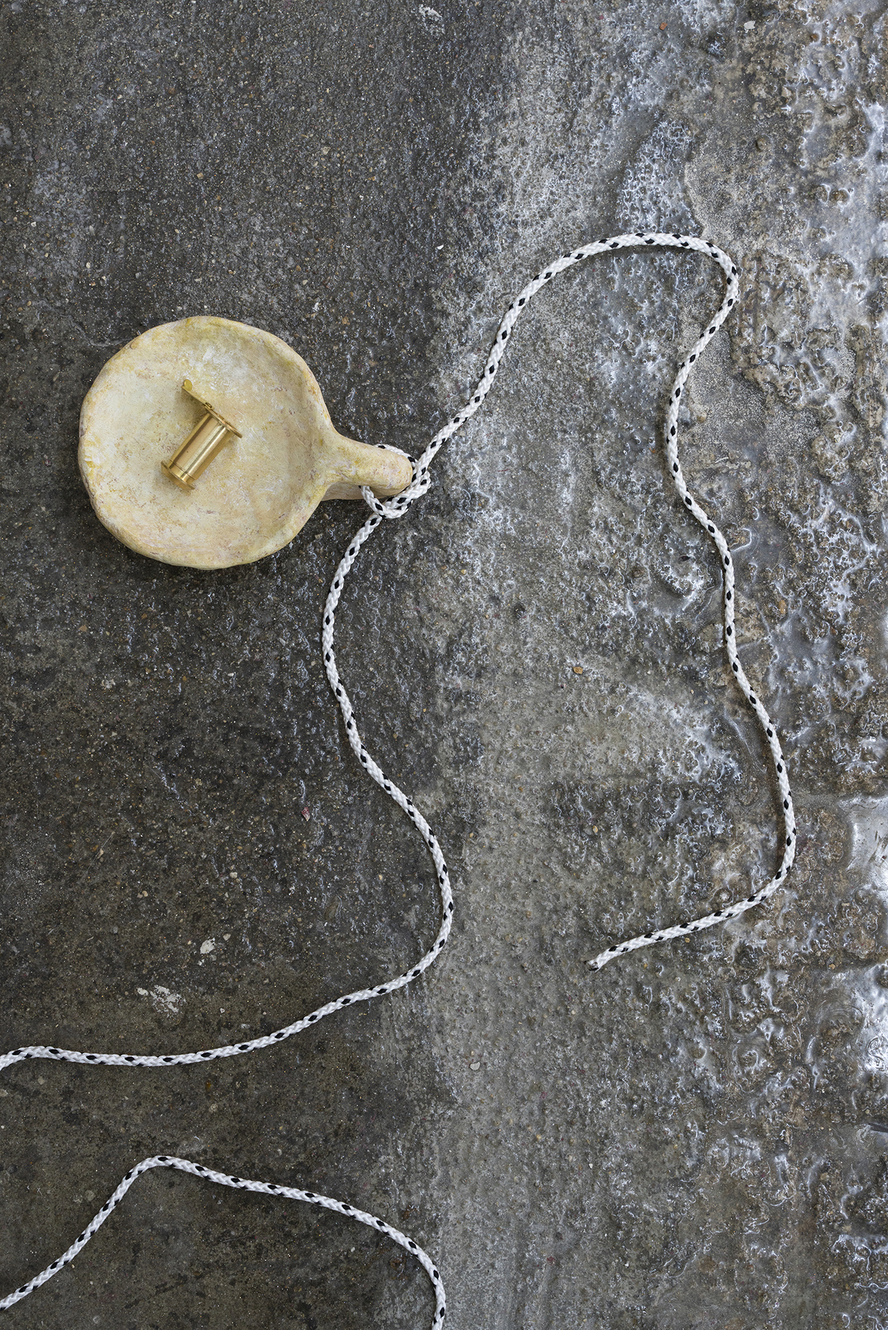 Edouard Nardon, Alpha Scorpii (detail)
, 2021, Painted terracotta, copper tube, ropes, peep hole, soap, water, ziplock, printed paper, metal container, linen oil, acetone, memory foam, metal tool, Variable dimensions