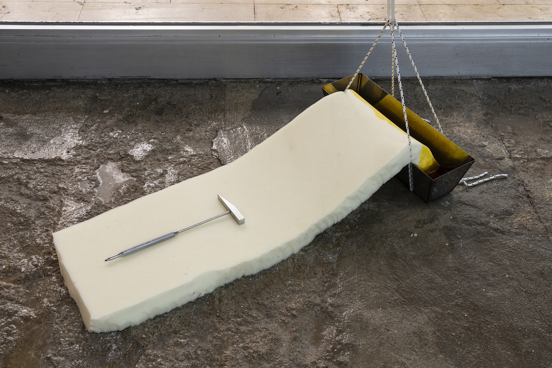 Edouard Nardon, Alpha Scorpii (detail)
, 2021, Painted terracotta, copper tube, ropes, peep hole, soap, water, ziplock, printed paper, metal container, linen oil, acetone, memory foam, metal tool, Variable dimensions