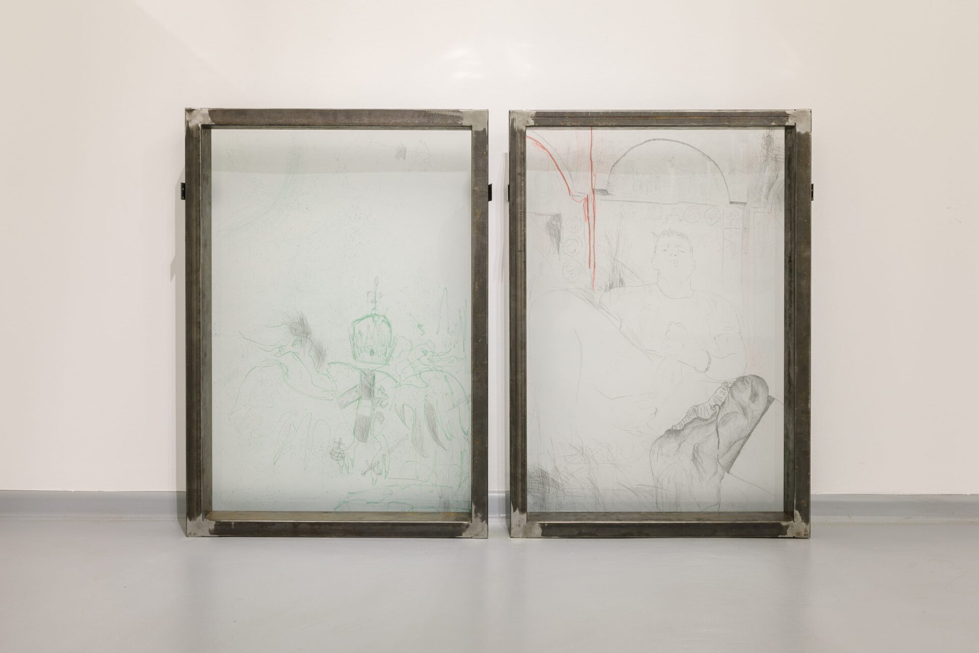 Alexander Beglarishvili Masturbation study #16 (Anchiskhati Icon) 100 x 70 cm Steel, glass, parchment paper, pencil, watercolour marker