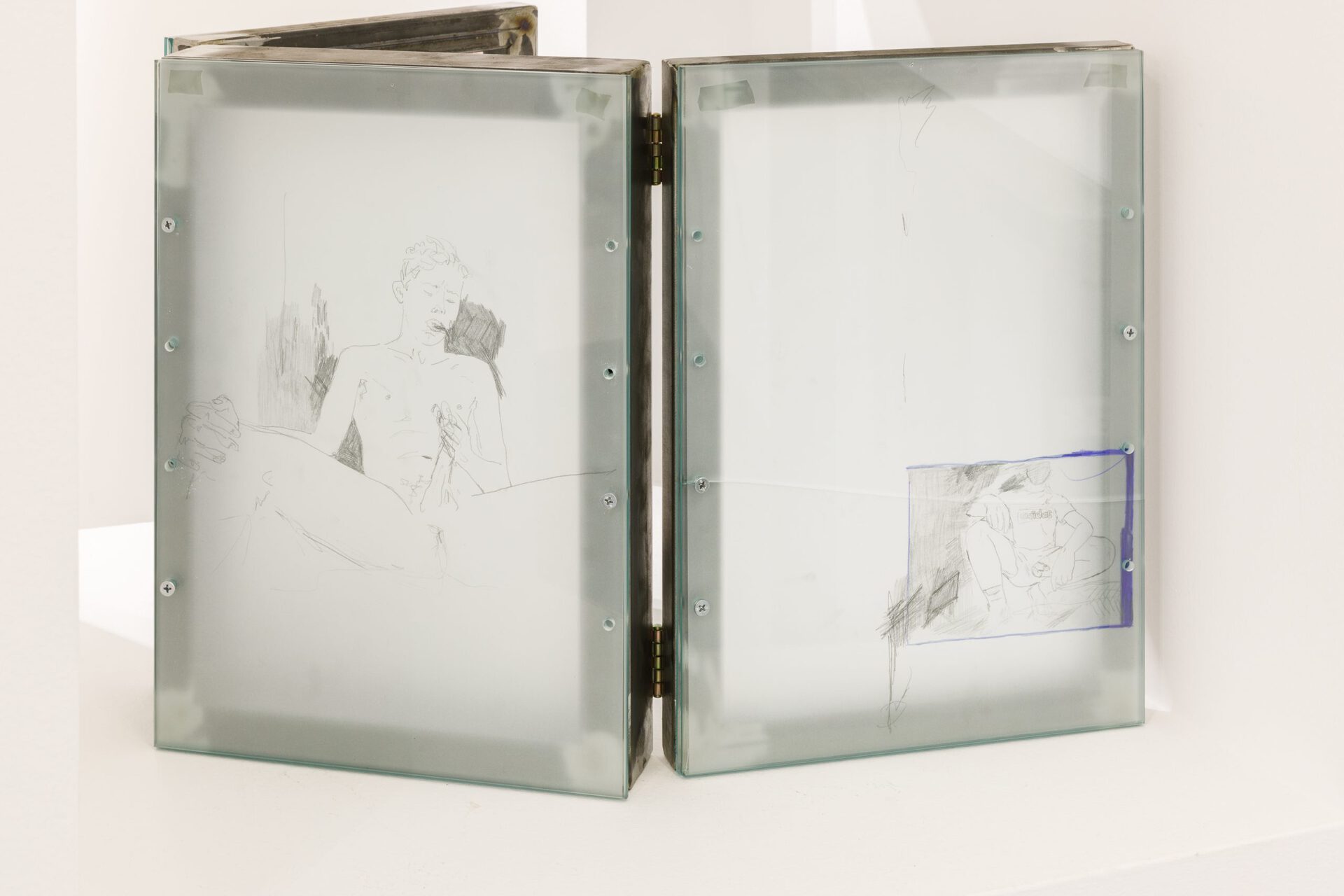 Alexander Beglarishvili Masturbation study #23 (triptych) 42 x 90 cm (dimensions variable) Steel, glass, parchment paper, pencil