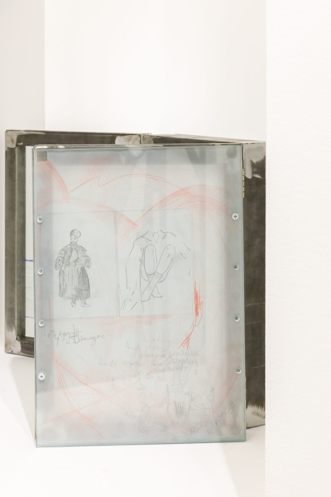 Alexander Beglarishvili Masturbation study #23 (triptych) 42 x 90 cm (dimensions variable) Steel, glass, parchment paper, pencil