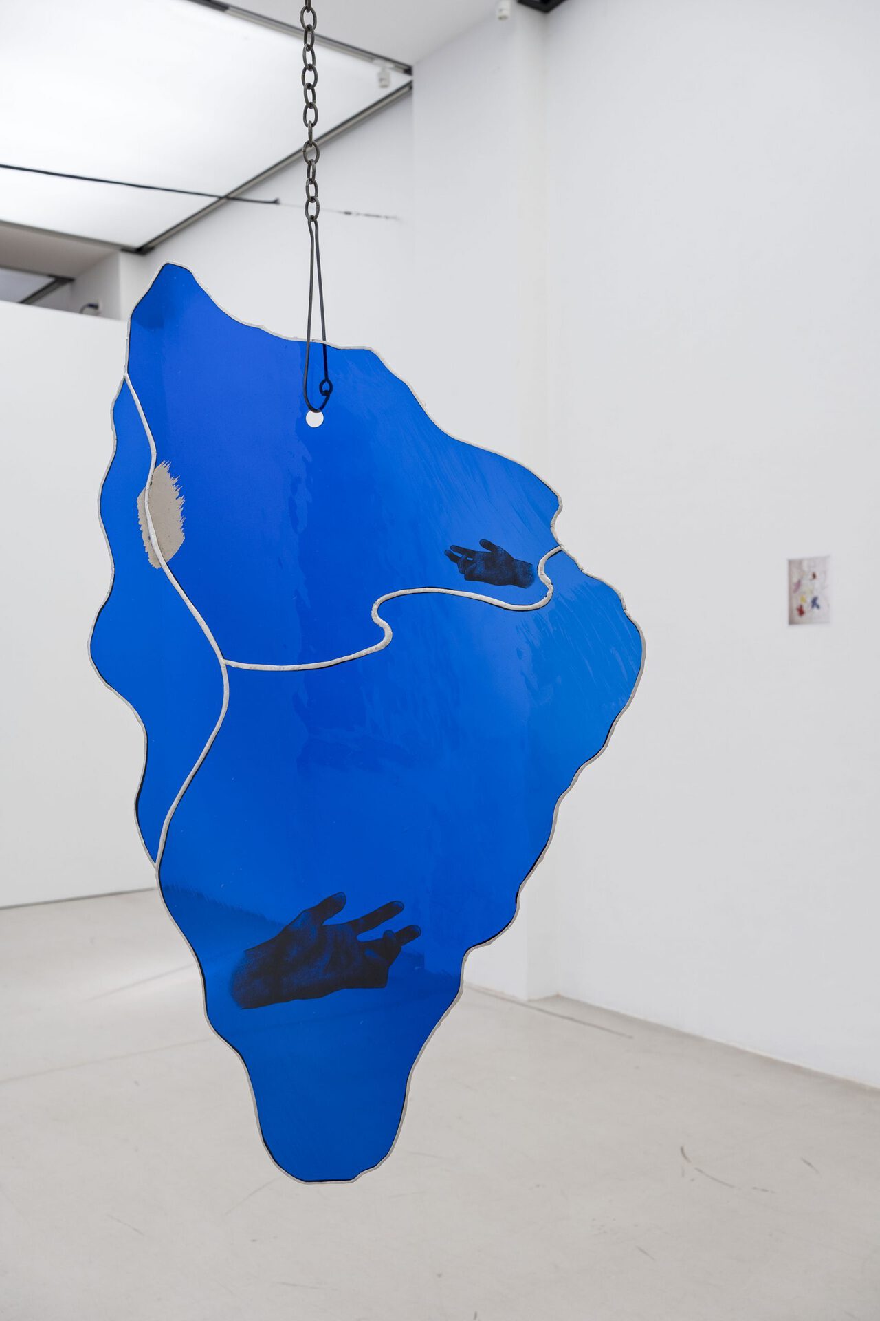 Untitled, 2021, Enamel, Schwarzlot, Platinum on mouth-blown antique glass, led, metal, rubber ca. 80x60x0,5cm