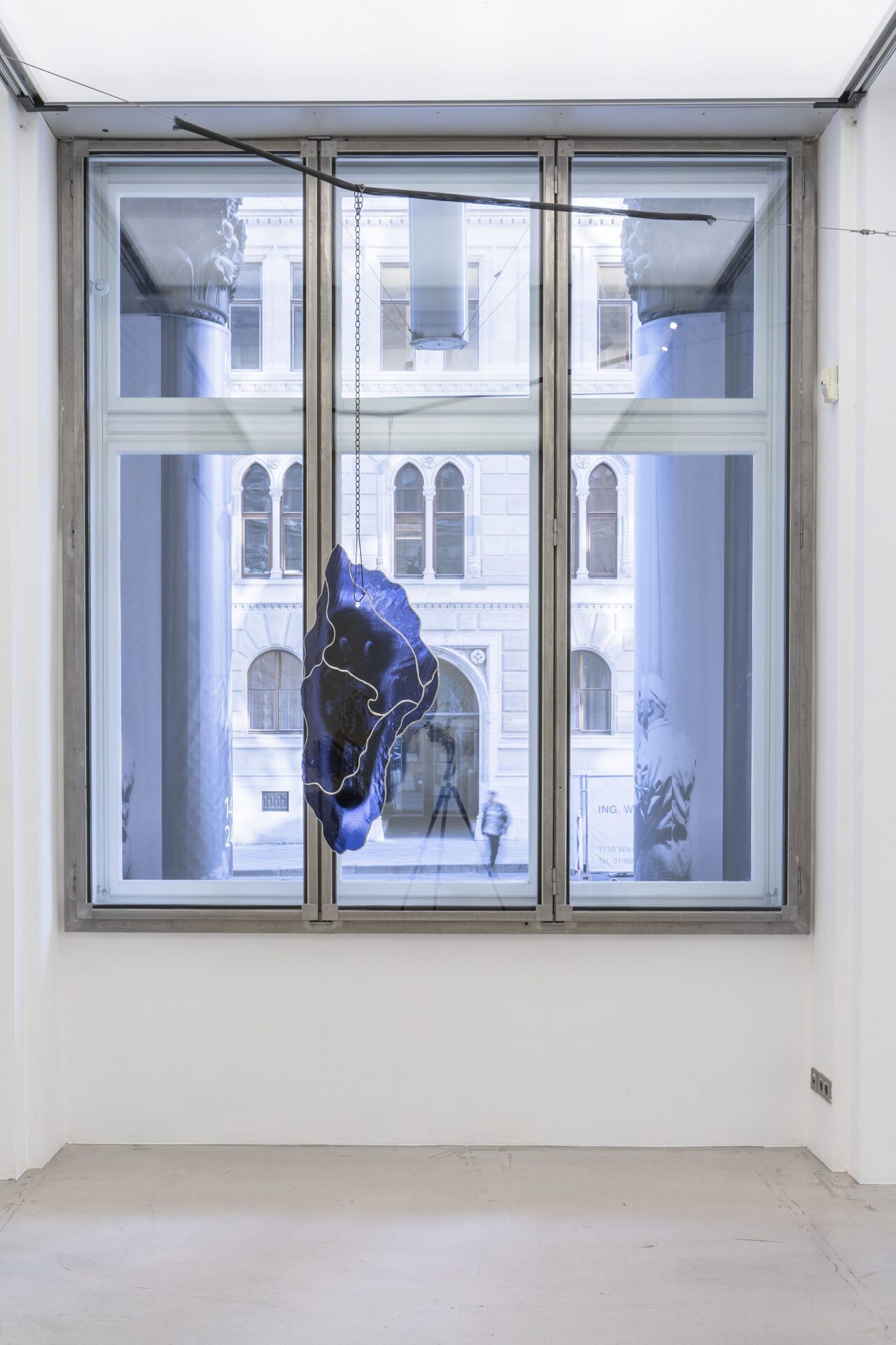 Untitled, 2021, Enamel, Schwarzlot on mouth-blown antique glass, led, metal, rubber ca. 80x60x0,5cm