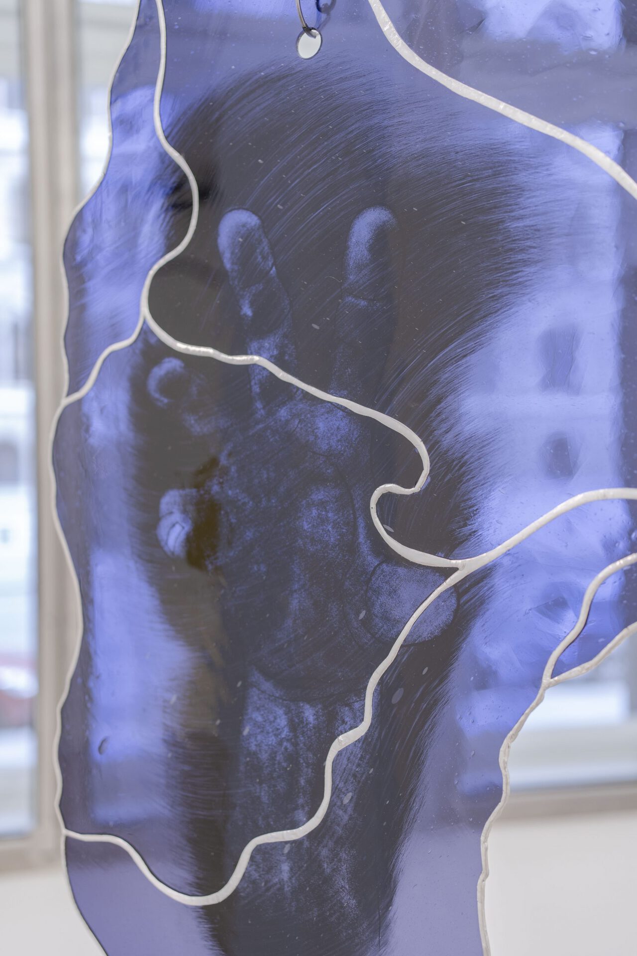 Untitled, 2021, detail, Enamel, Schwarzlot on mouth-blown antique glass, led, metal, rubber ca. 80x60x0,5cm