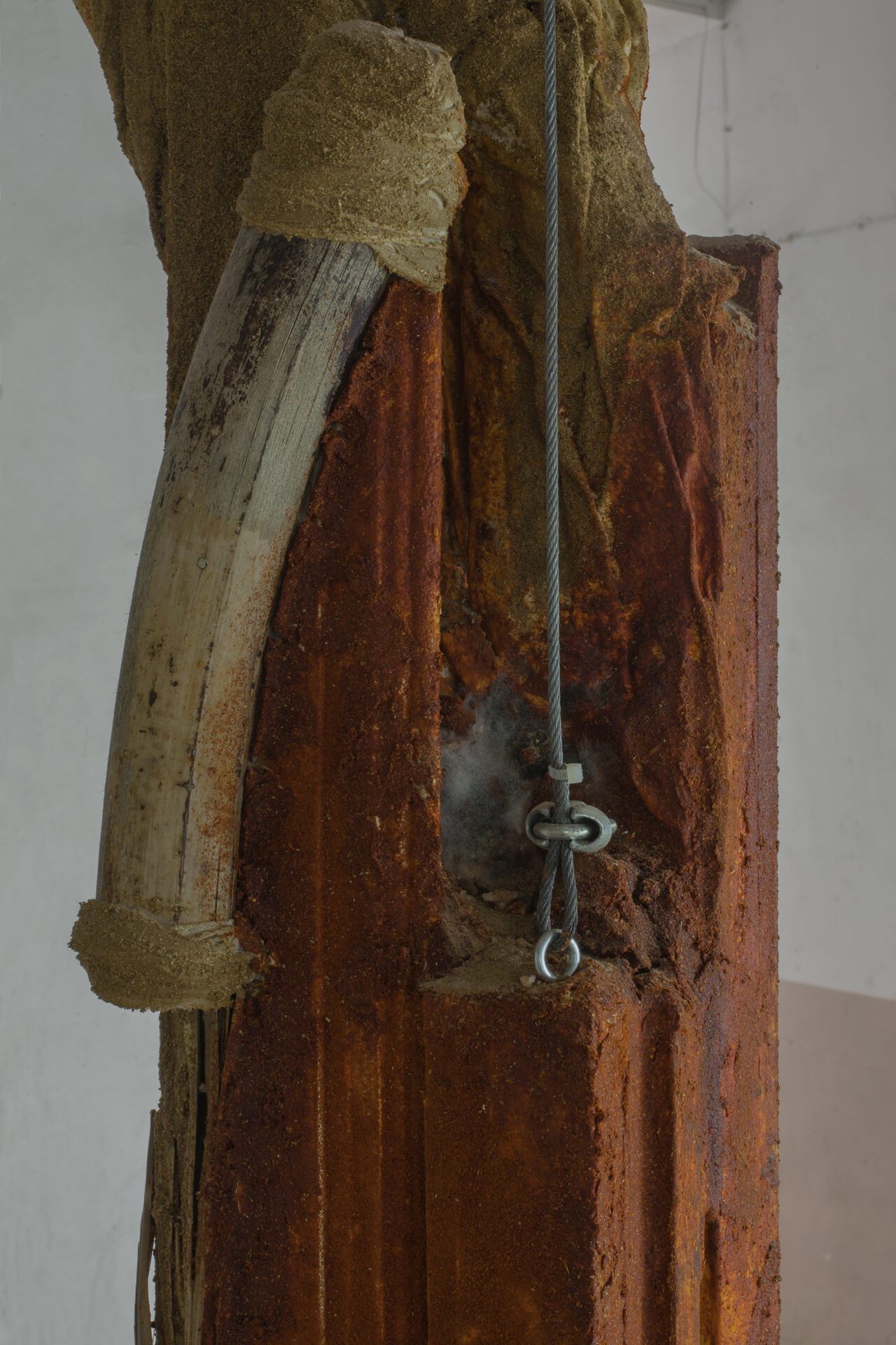Monia Ben Hamouda, It's a Windy Day in Tataouine II - detail-, 2021 Wood, fabrics, spice powders 340x85x28cm