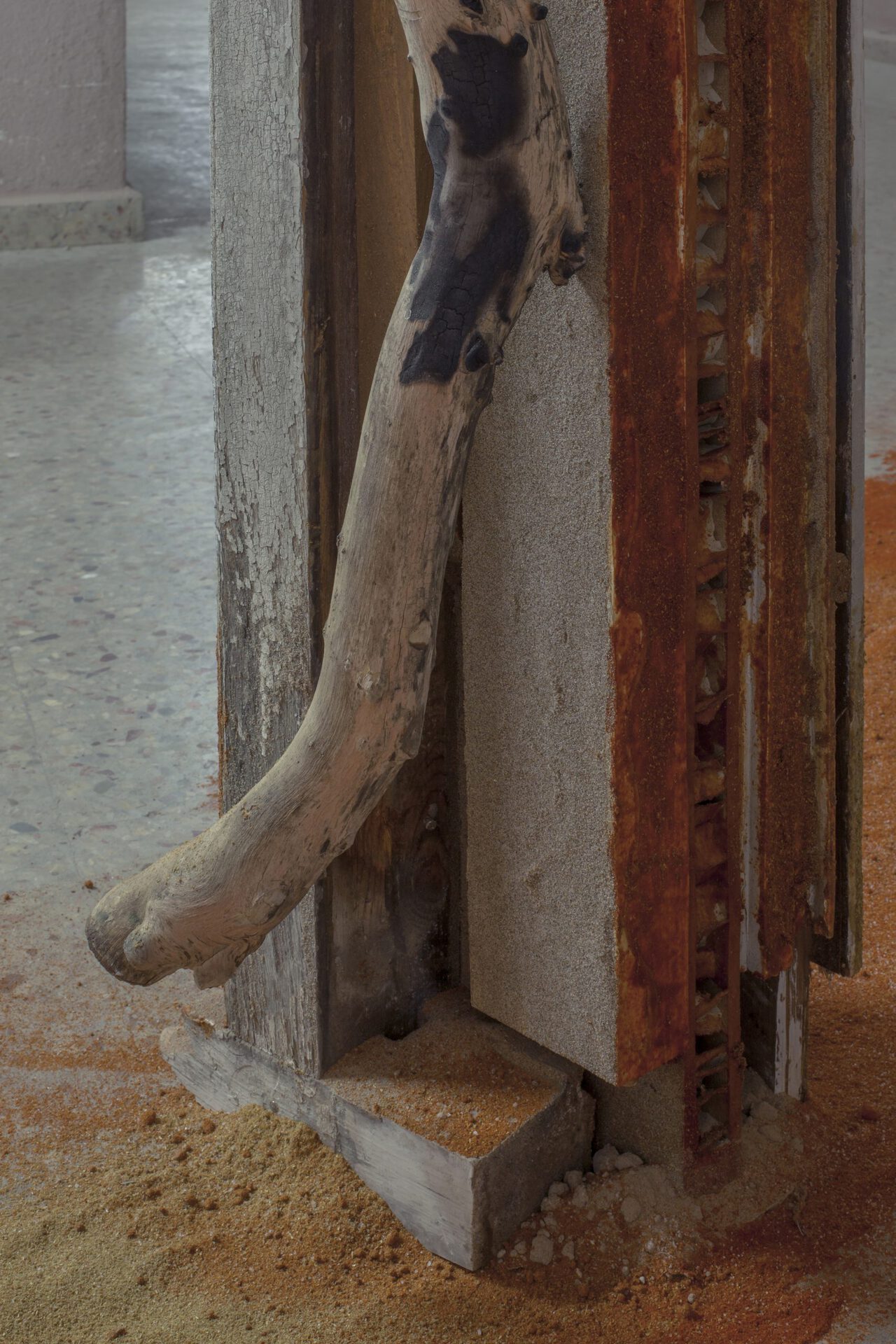 Monia Ben Hamouda, It's a Windy Day in Tataouine II - detail-, 2021 Wood, fabrics, spice powders 340x85x28cm
