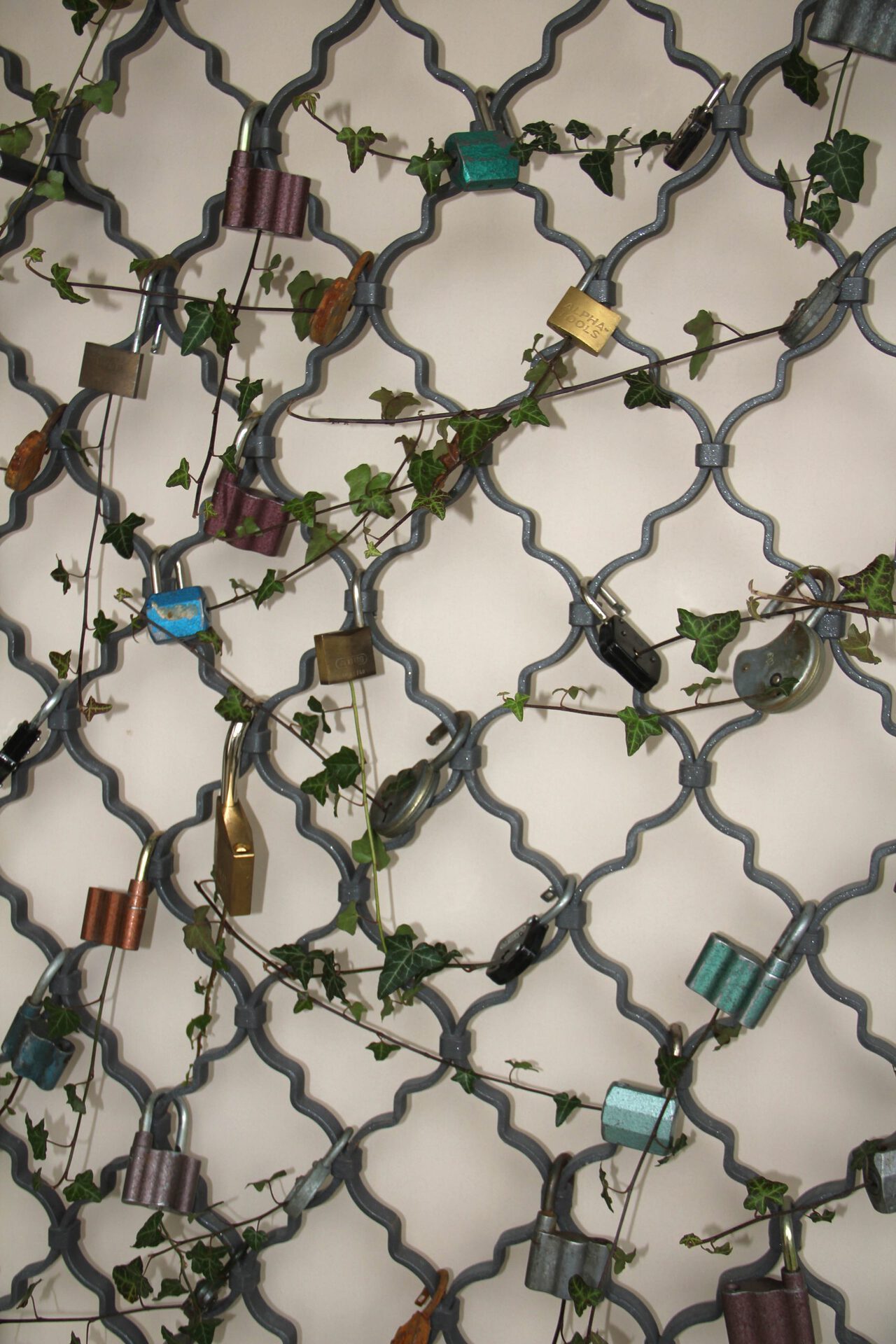 Untitled (lockpicking Ivy)(detail), 2020, powder-coated grid, common ivy (Hedera helix), cracked locks