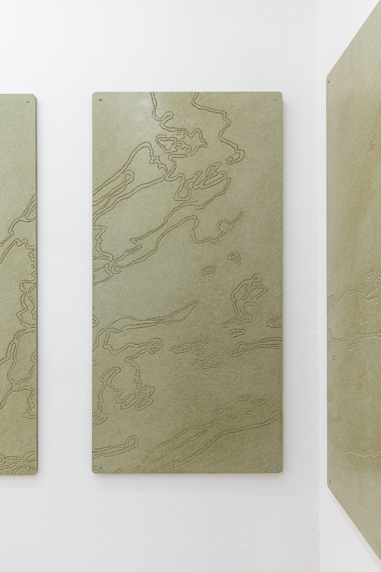 Frances Drayson, "Plot of Land III" (detail), 2021, moisture resistant MDF, water-based lubricant, acrylic medium, 100 x 50 x 12 cm each