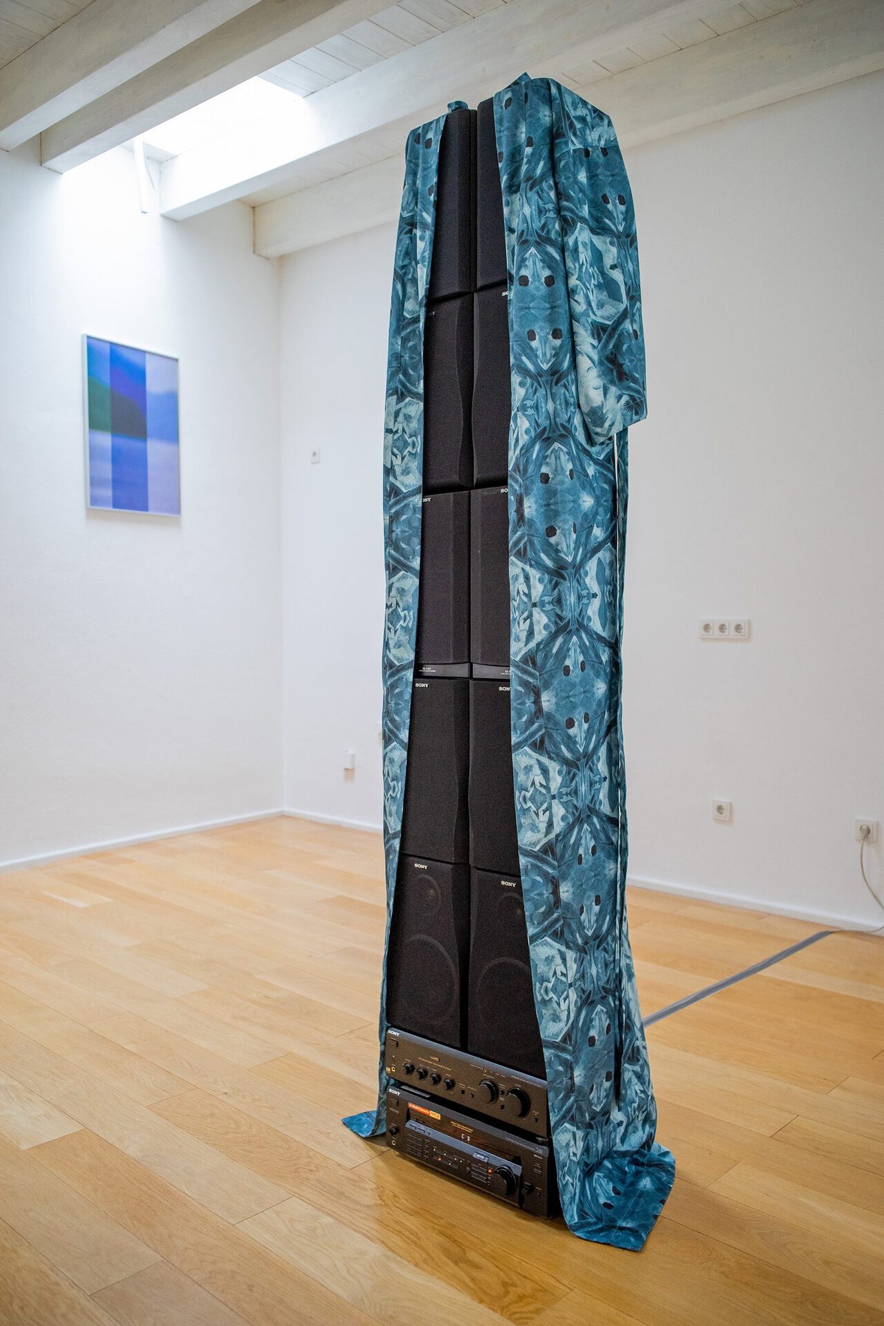 Kalas Liebfried, Sonic Ghost (Franz Marc In The Jungle, Breathing), 2021 custom made kimono, hi-fi system, speaker, 70 x 50 x 250