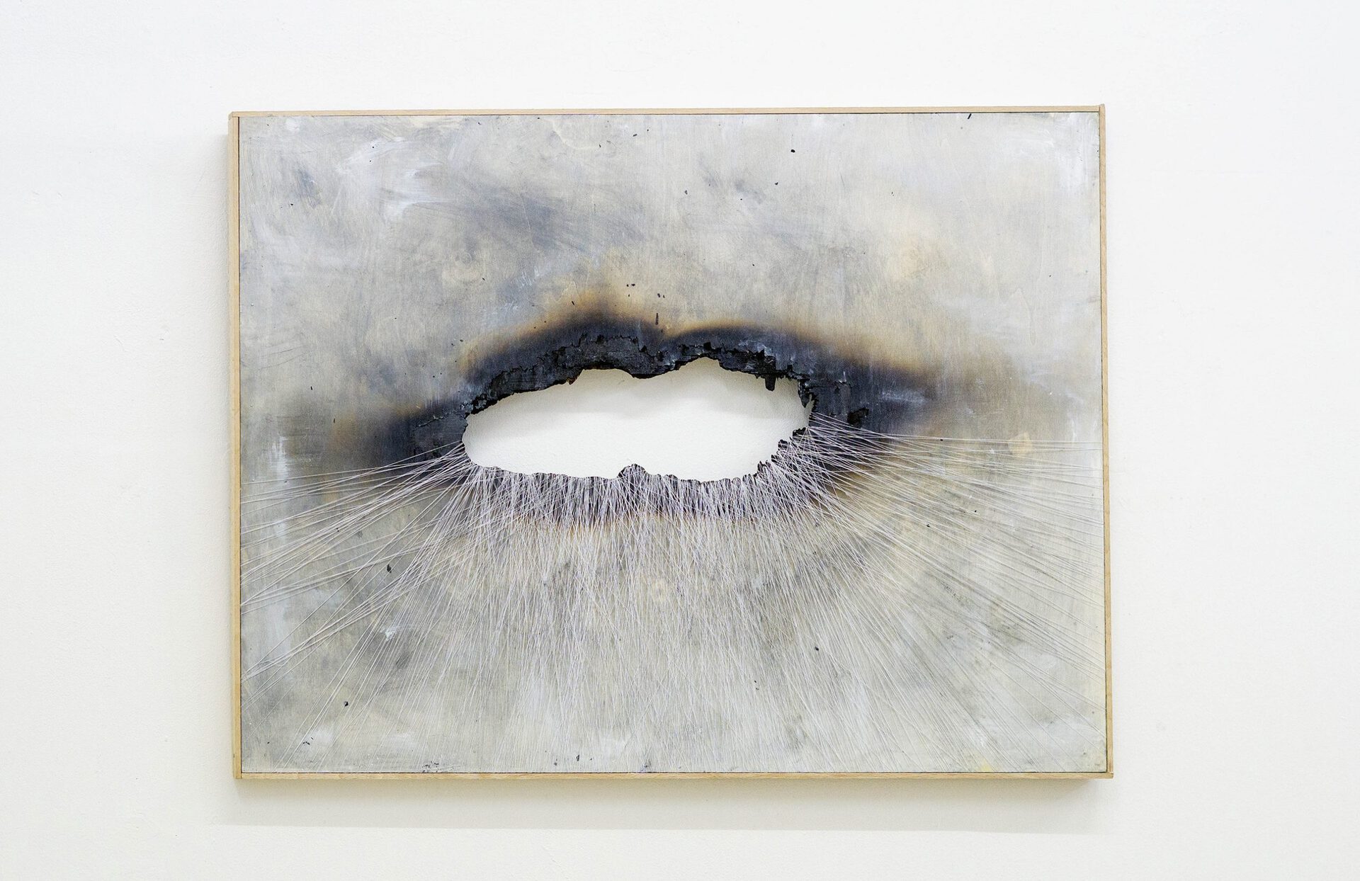 Sandra Moral,The hole, 2019,Moral, wood-acrylic, threads,61x82 cm