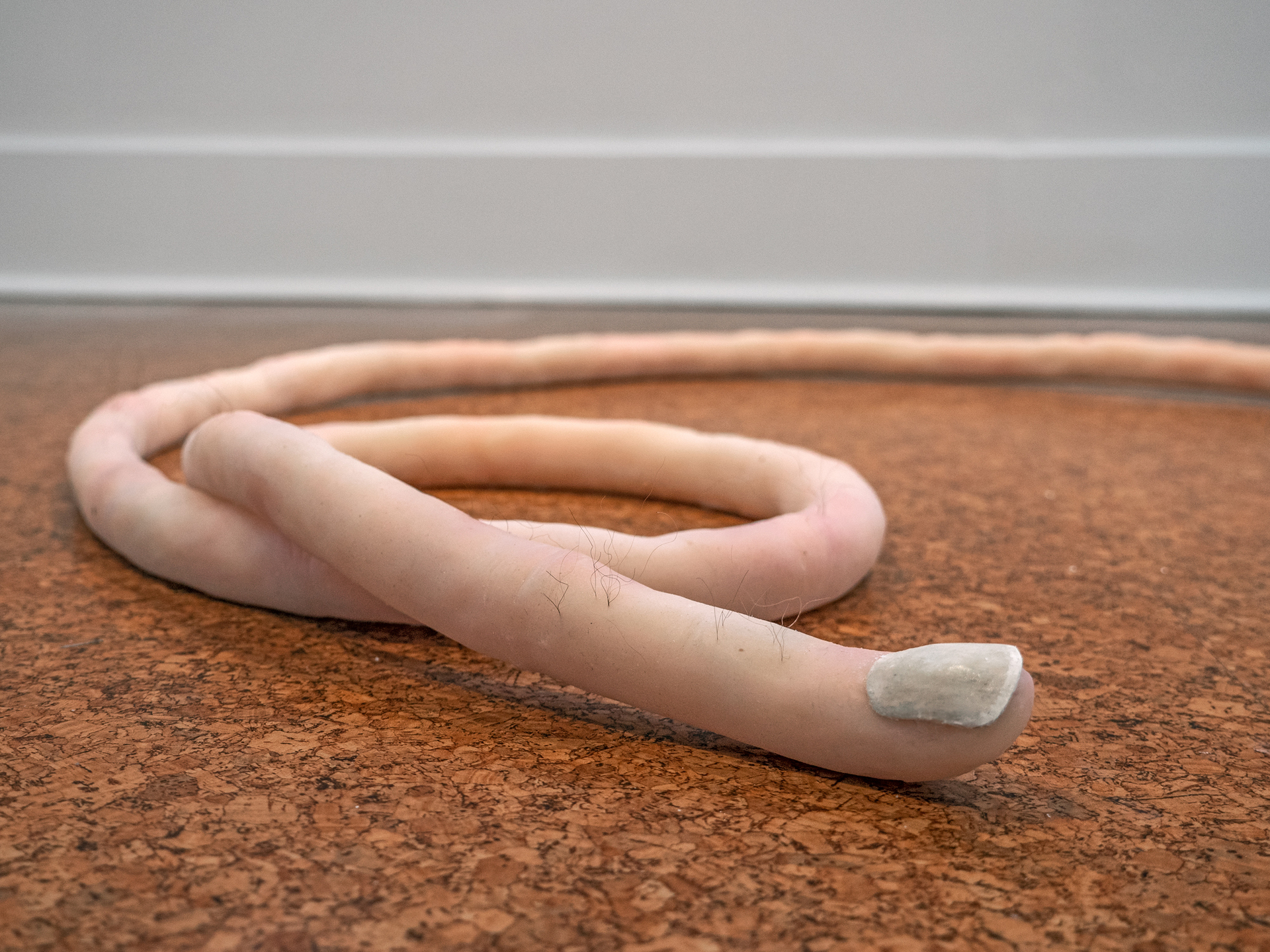Detail of "diss-mechanism #1 (or double-ended toe-snake)), 2021; Silicone rubber, synthetic hair, epoxy, wax; 40 x 37 x 43 inches