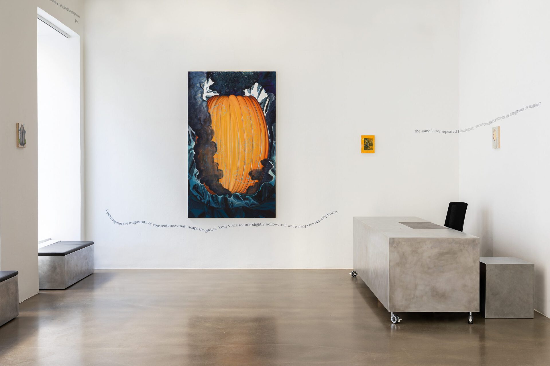 Titania Seidl, The big skirt inflating before blowing up or The monumental pumpkin lantern igniting before glowing up, 2021, 200x120 cm, watercolor and oil on canvas, installation view