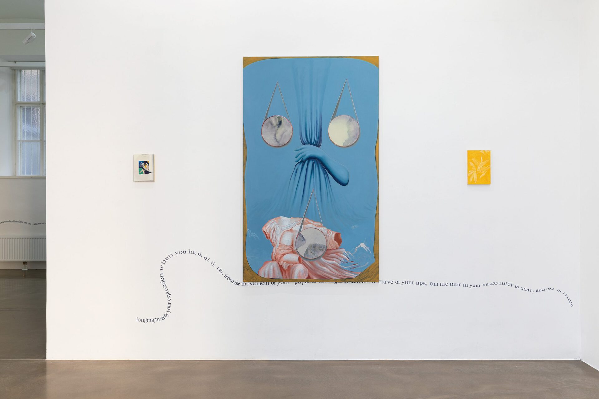 Titania Seidl, The three looking glasses or The three magnifying glasses or The hour glass, 2021, 200x120 cm, watercolor and oil on canvas, installation view