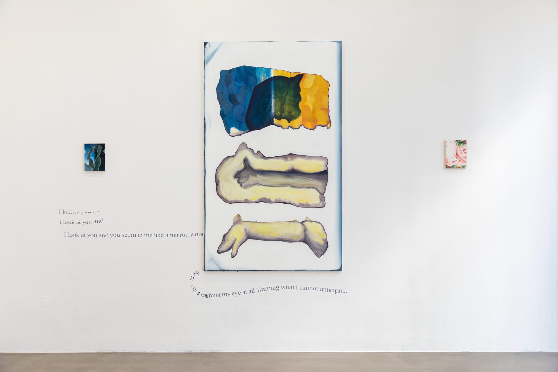 Titania Seidl, two and a half fossilized gestures, 2021, 200x120 cm, watercolor and oil on canvas, installation view