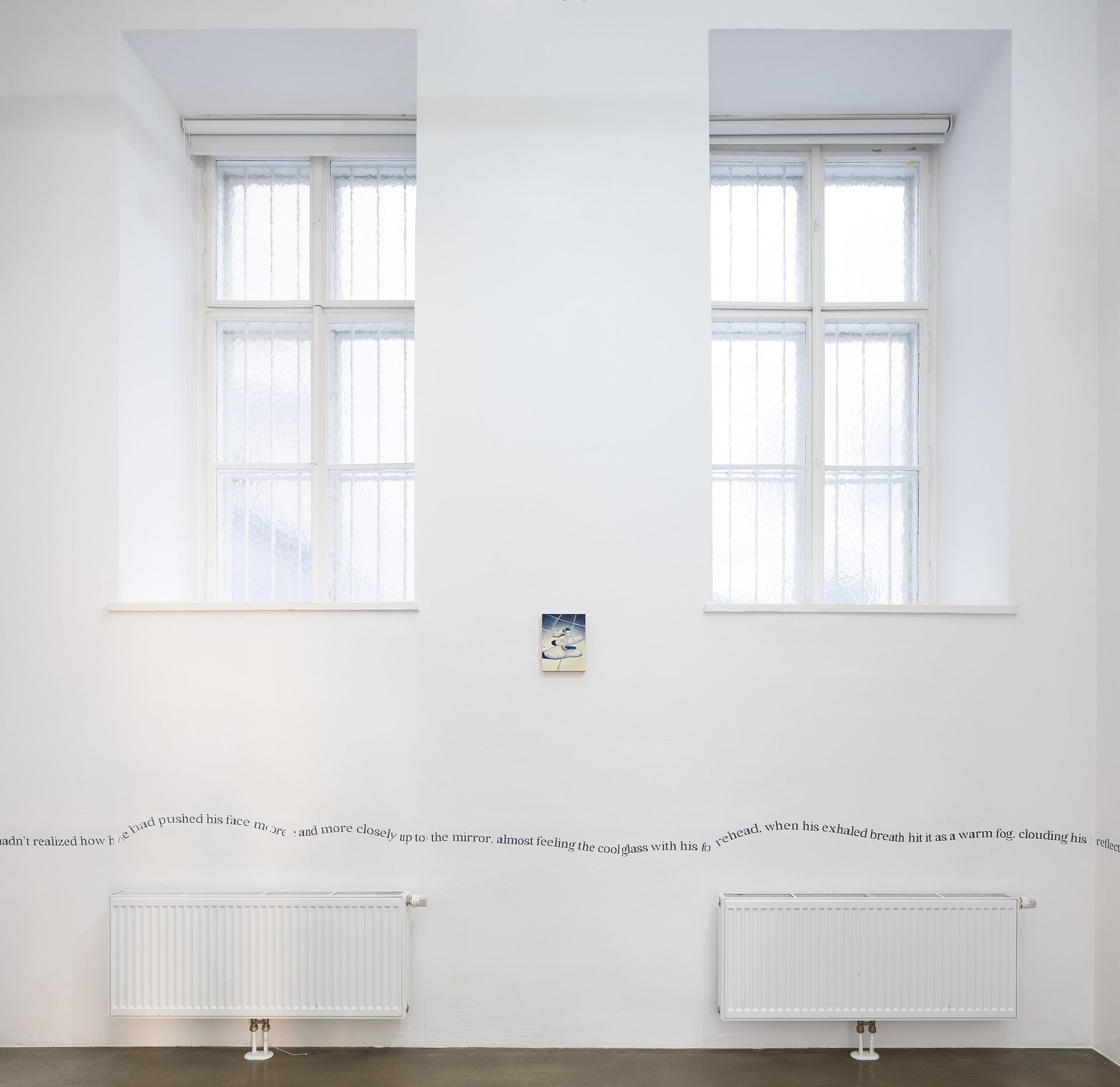 Titania Seidl, three friends waiting in line, 2020, oil on board, 24x18cm, installation view