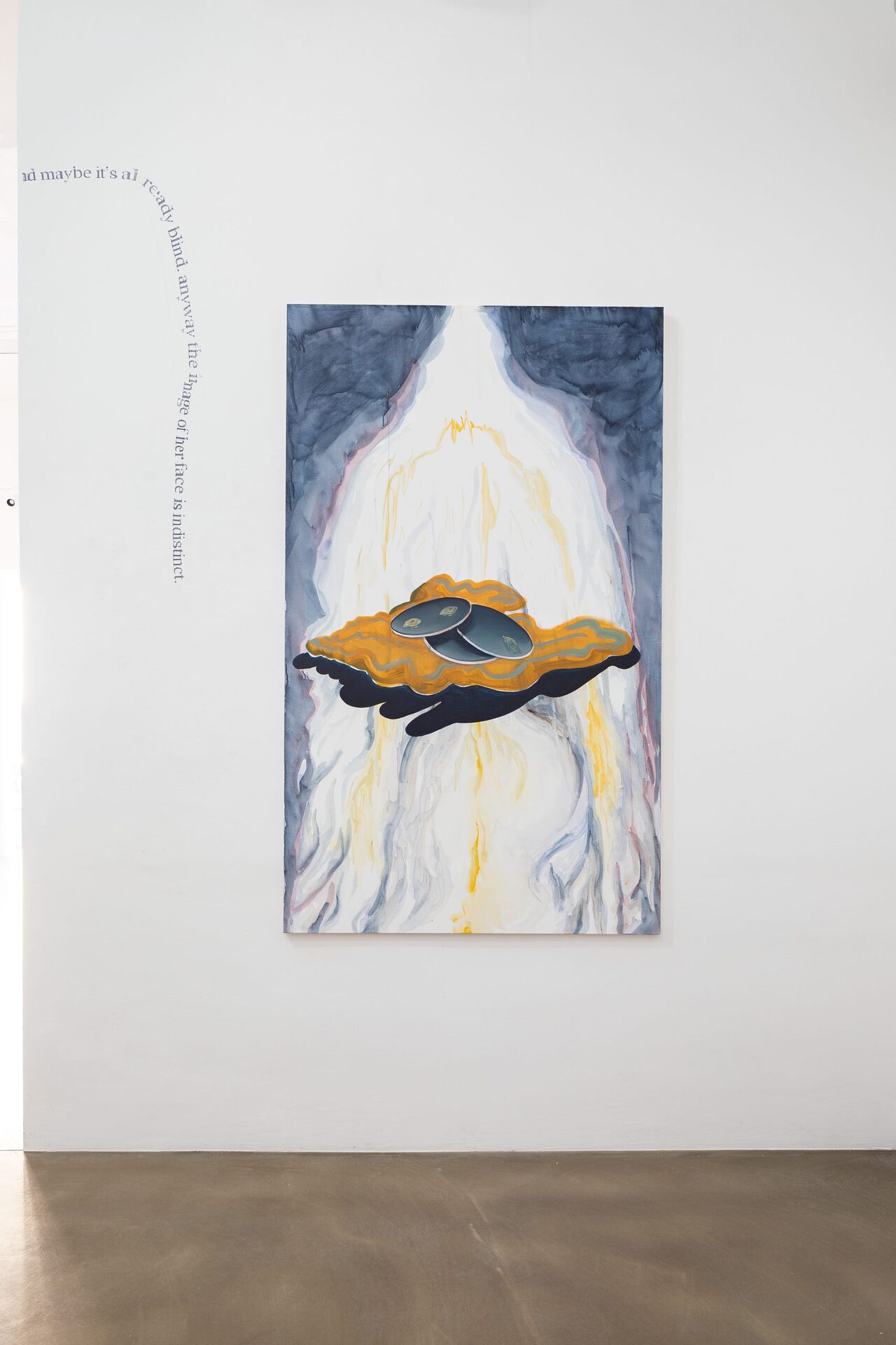 Titania Seidl, faces distorted into pixelated visual static, voices a delayed, alien sounding crackle, 2021, watercolor and oil on canvas, 200x120cm, installation view