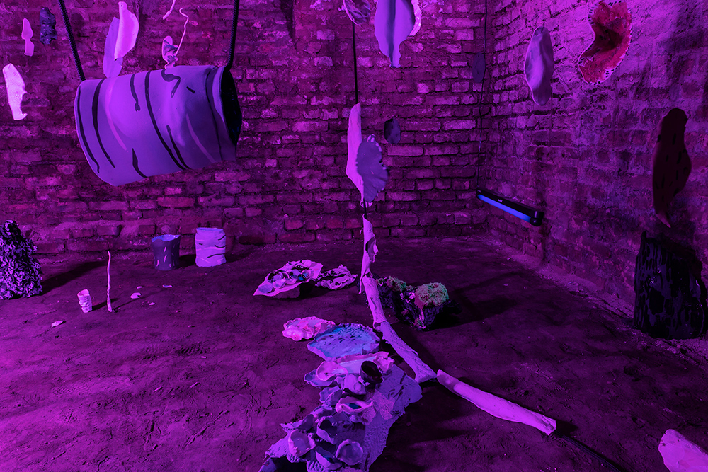 tiefkeller, -5, 2021, glazed ceramics, rope, Artist Mukbang, Ultra Violet Quinine Jelly, 2021, Flourescent Chestnut Mountain, 2021