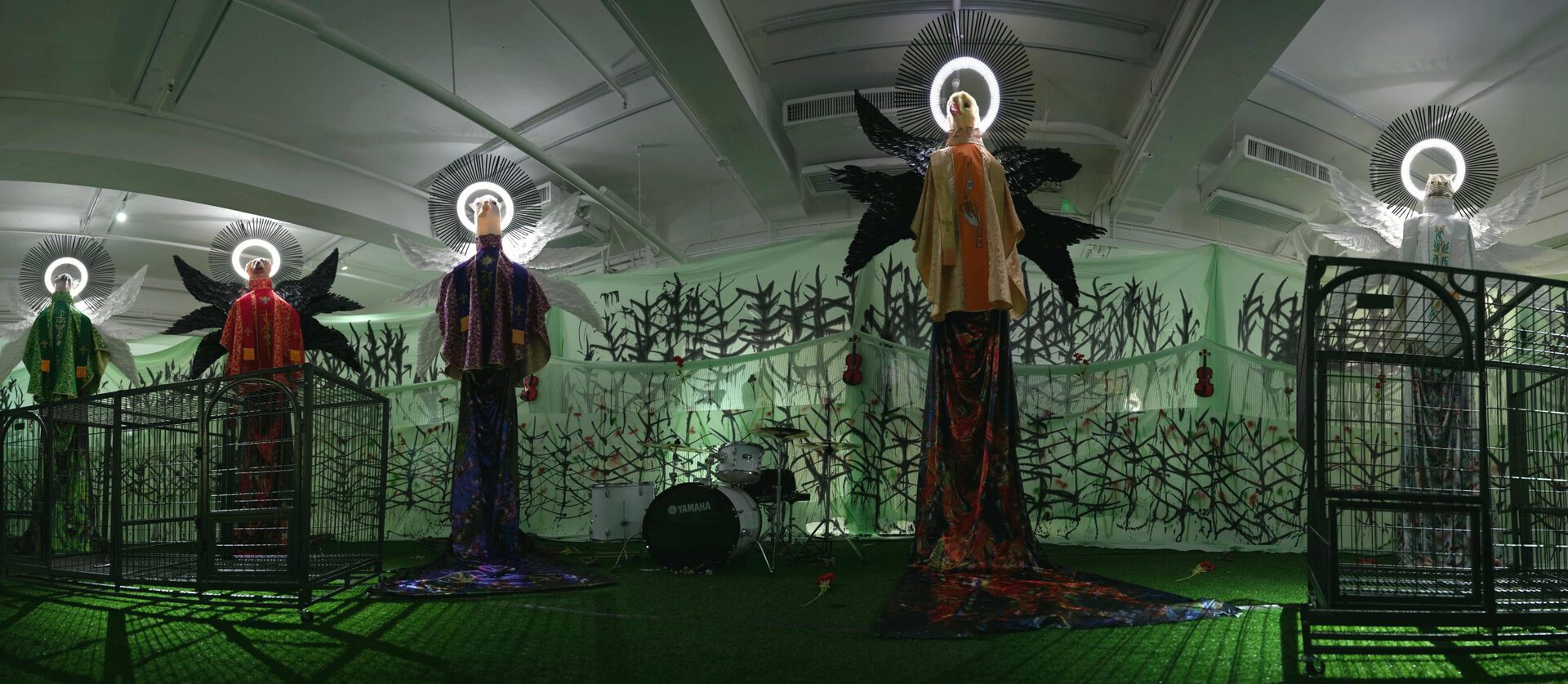 Chen Pin Tao, Seraph 001-005, 2021, Digital print on faux silk, embroidery on faux silk, feathers, LED light, animal head mask, 350 x 310 x 200 cm