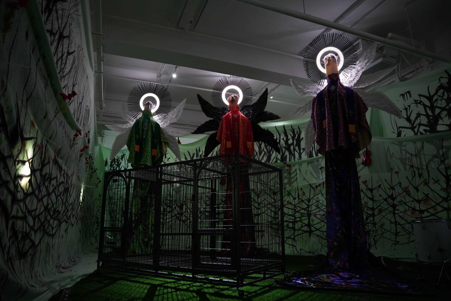 Chen Pin Tao, Seraph 003-005, 2021, Digital print on faux silk, embroidery on faux silk, feathers, LED light, animal head mask, 350 x 310 x 200 cm