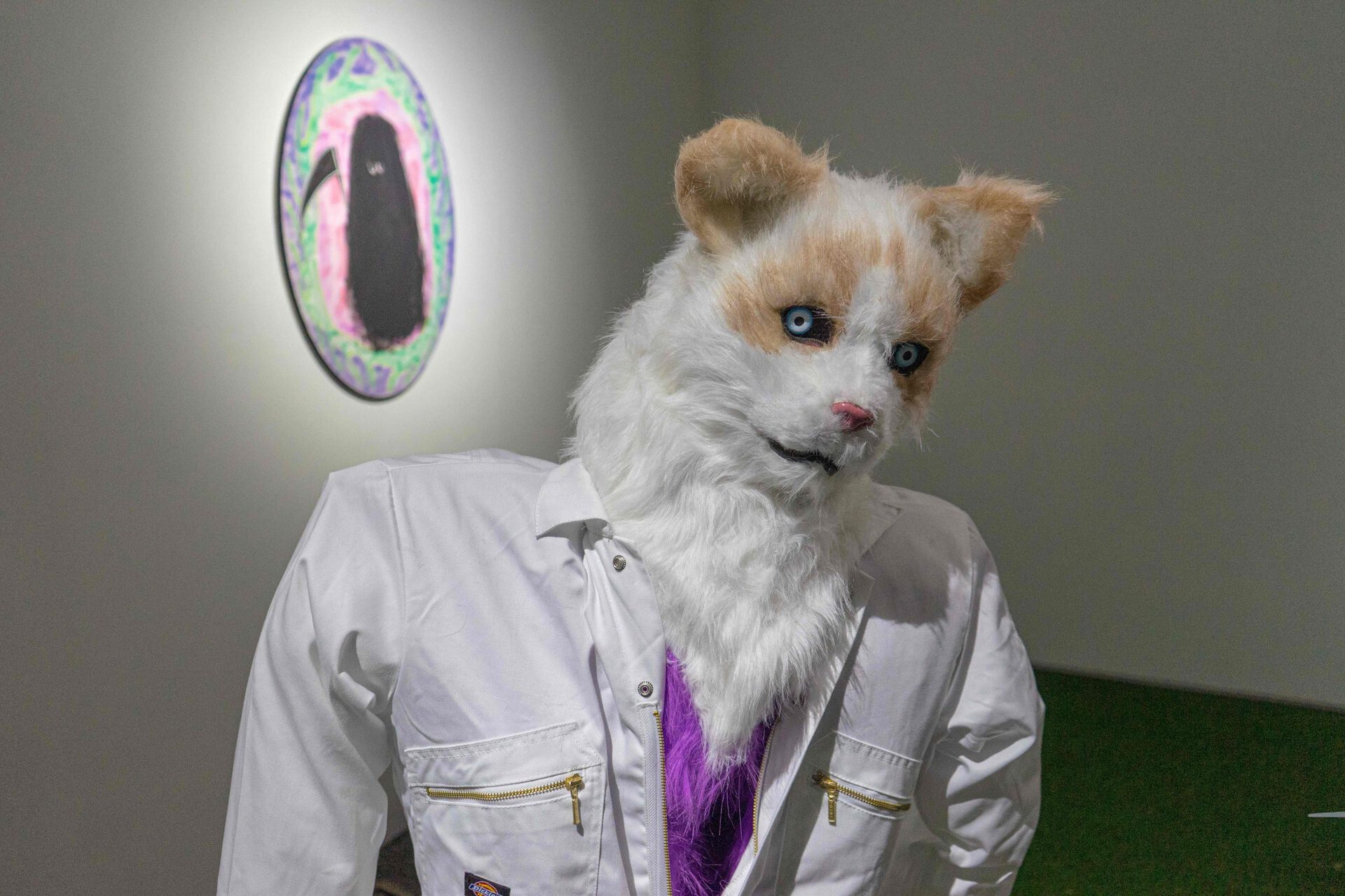 Chen Pin Tao, Cleaner 001, 2021, fabric, cat head mask, latex gloves, oil pastel on cardboard, inkjet print on paper, 170 x 110 x 90 cm