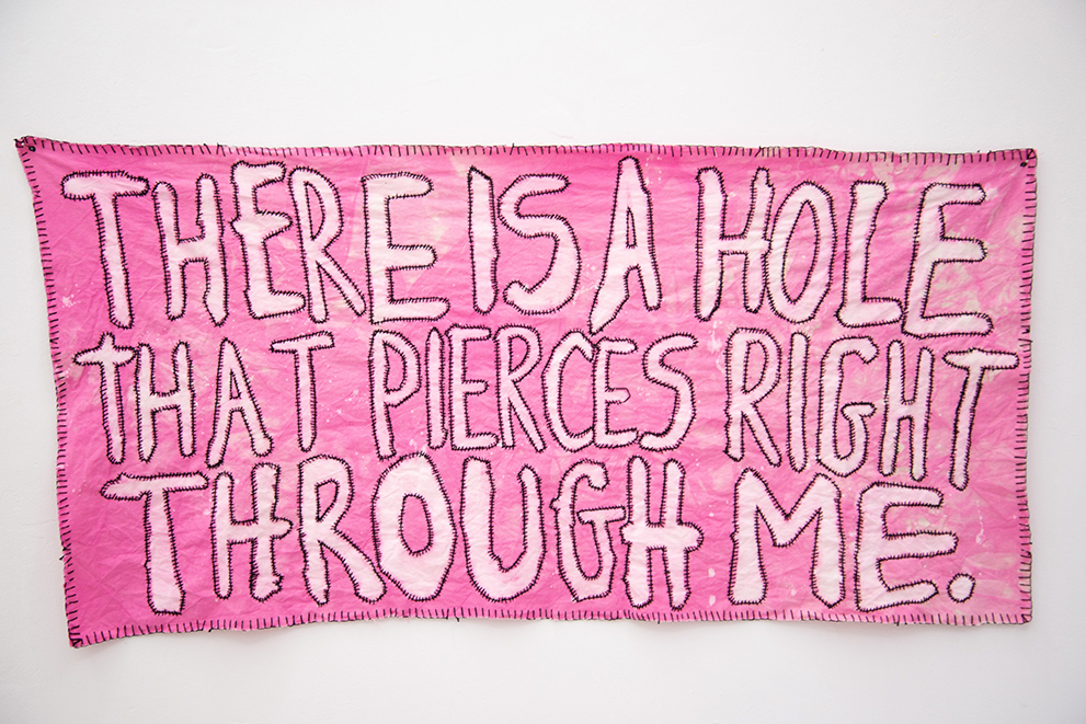 Nicolás Astorga, THERE IS A HOLE THAT PIERCES RIGHT THROUGH ME, 2021, embroidery on hand dyed cotton, 75 x 155 cm.