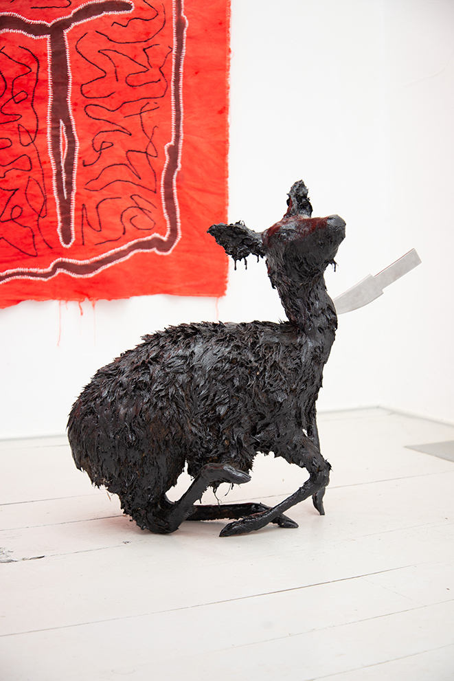 Nicolás Astorga, ME AS A BABY DEER, 2021, upcycled deer taxidermy, tar, steel, 70 x 50 x 30 cm