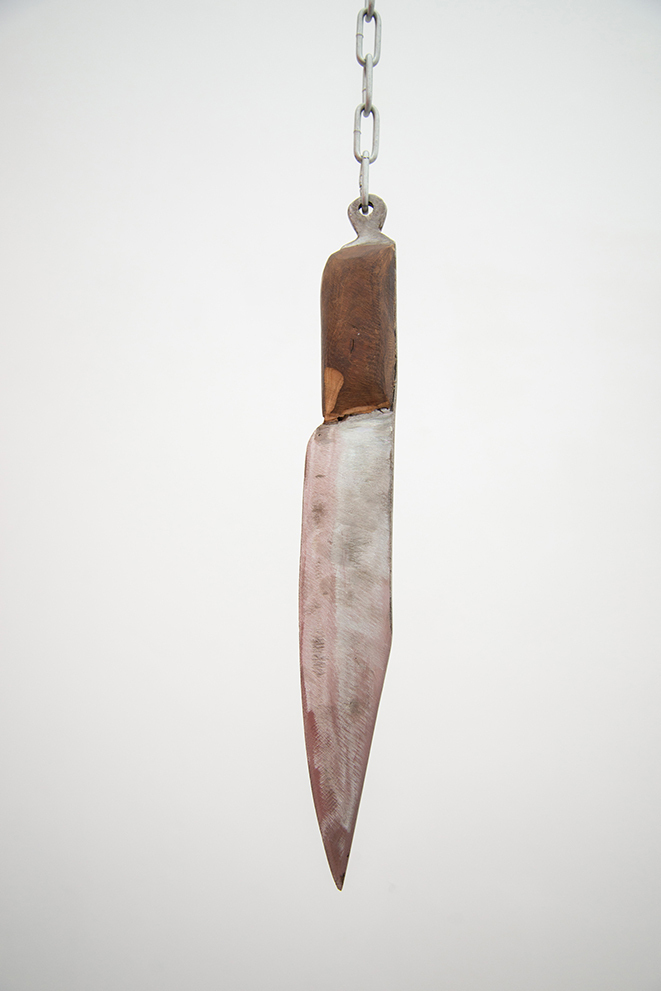 Nicolás Astorga, BACKSTABBER, 2021, steel, wood, 230 x 10 x 10 cm.